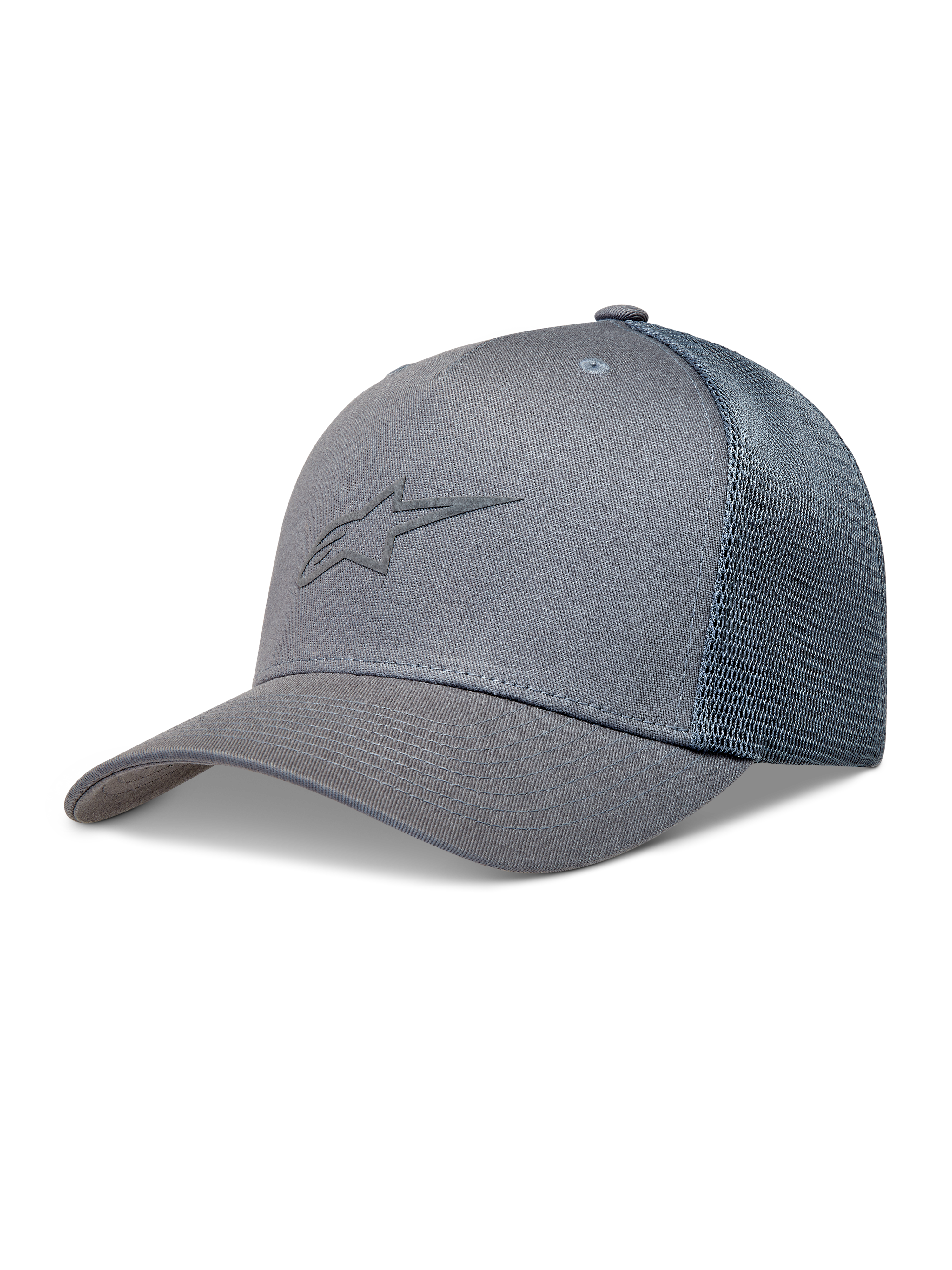Alpinestars Augment Trucker cap, grå kasket med buet skygge, struktureret krone og åndbart diamantnet.