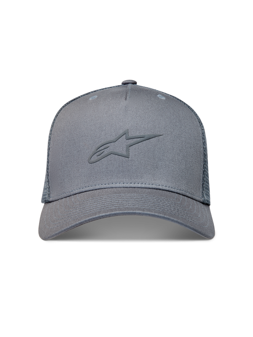 Alpinestars Augment Trucker Hat, grå sportskasket med tekstureret puffprint-logo, buet skygge og diamantnet bagpå.