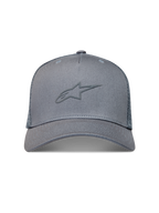 Alpinestars Augment Trucker Hat, grå sportskasket med tekstureret puffprint-logo, buet skygge og diamantnet bagpå.