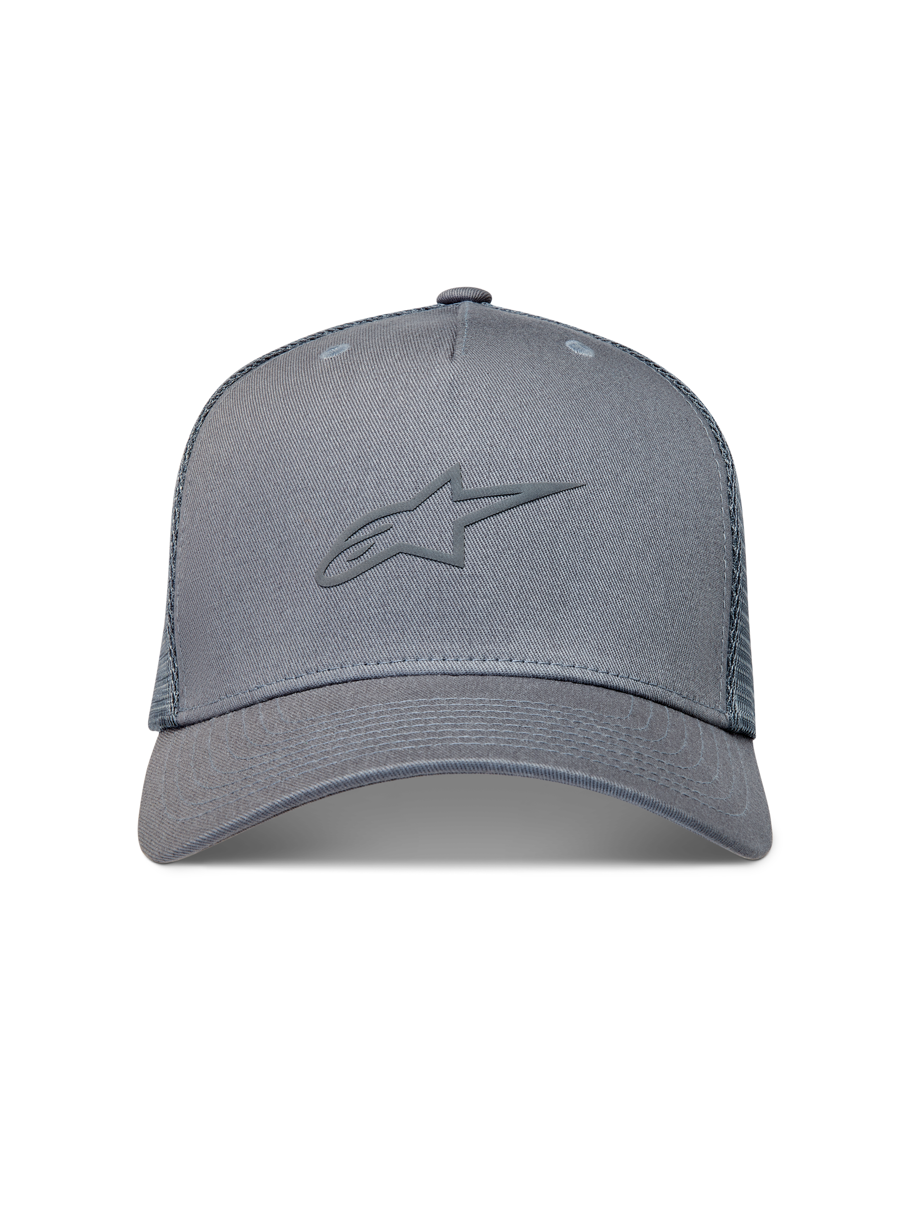 Alpinestars Augment Trucker Hat, grå sportskasket med tekstureret puffprint-logo, buet skygge og diamantnet bagpå.