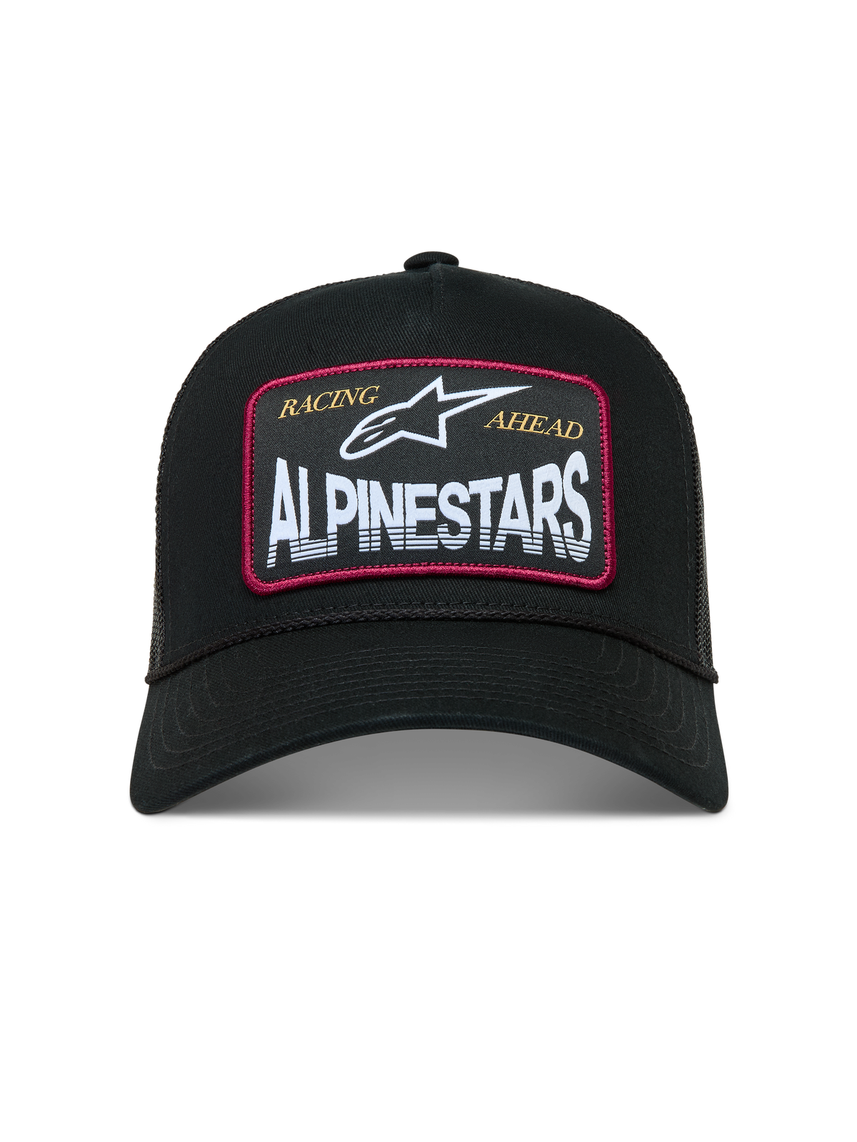 Alpinestars Hemmings trucker cap, sort kasket med hvidt logomærke, røde detaljer og åndbar mesh-bagside.