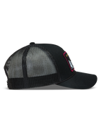 Alpinestars Hemmings Trucker Hat, Black Sportswear Mesh Cap, side view featuring a twill front and breathable poly mesh back.