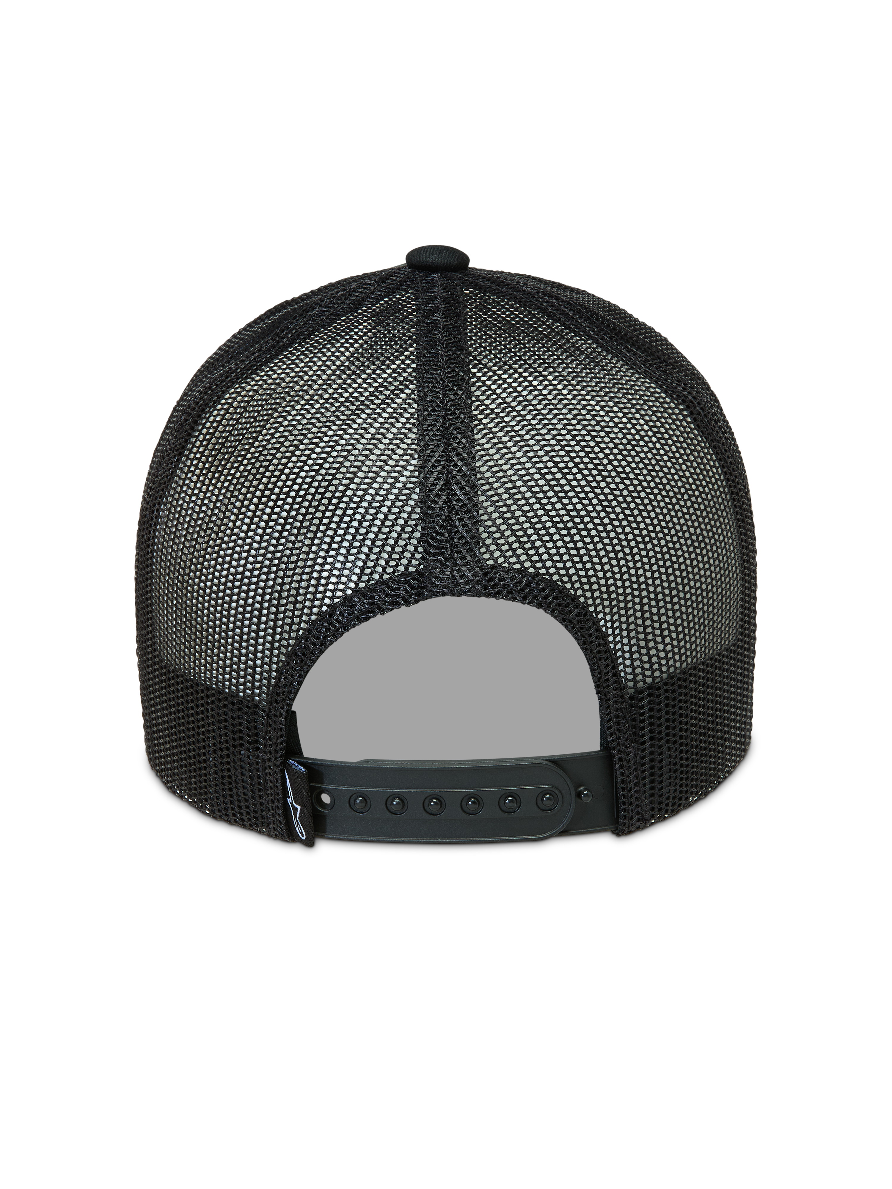 Alpinestars Hemmings Trucker Hat, black sportswear cap featuring breathable poly mesh panels and an adjustable snap-back.