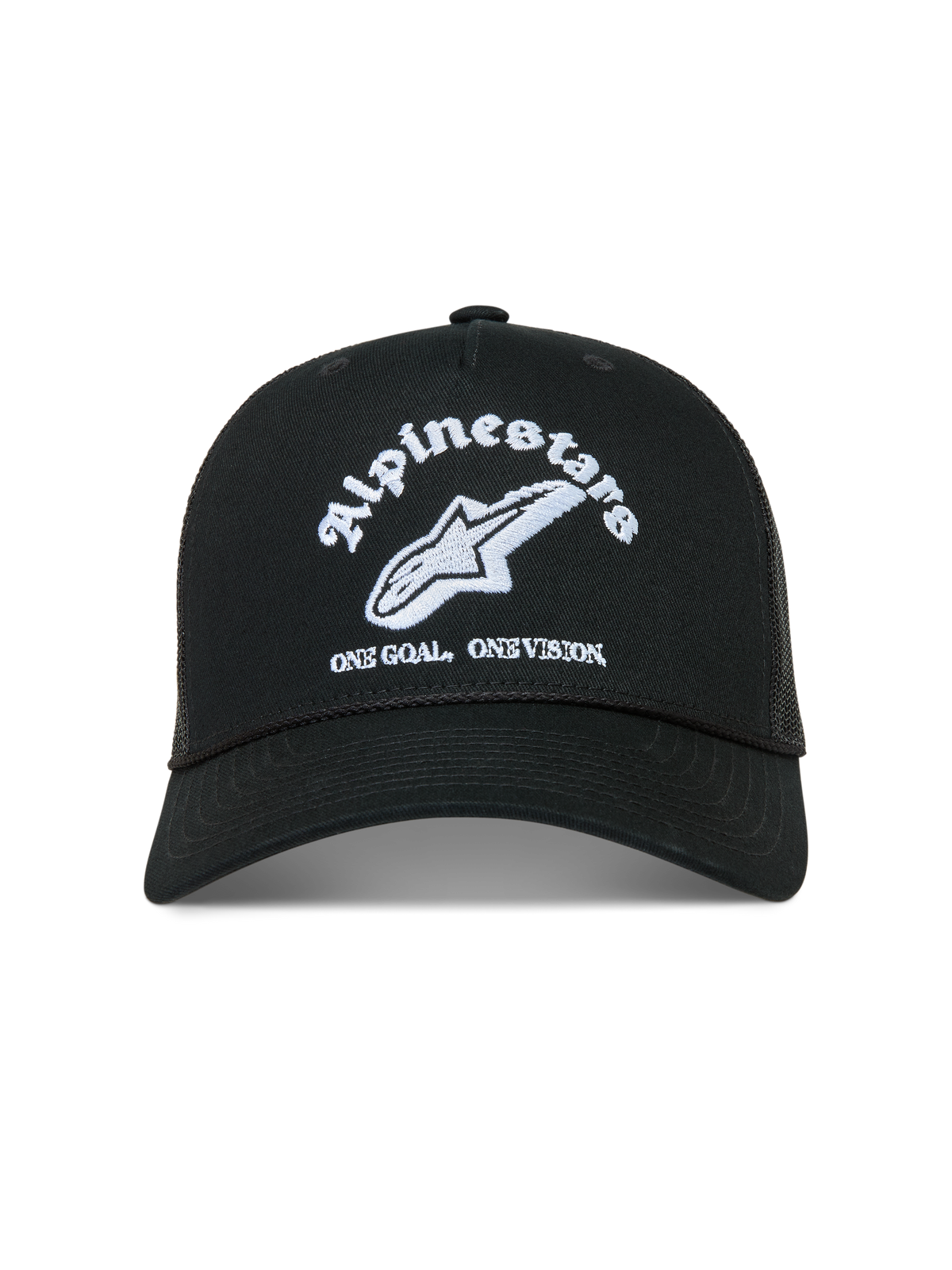 Alpinestars Baron Trucker Hat, sort kasket med hvidt broderet logo, buet skygge og åndbar mesh-bagside.