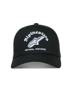 Alpinestars Baron Trucker Hat, black sportswear cap featuring white logo embroidery, curved bill, and breathable mesh back.