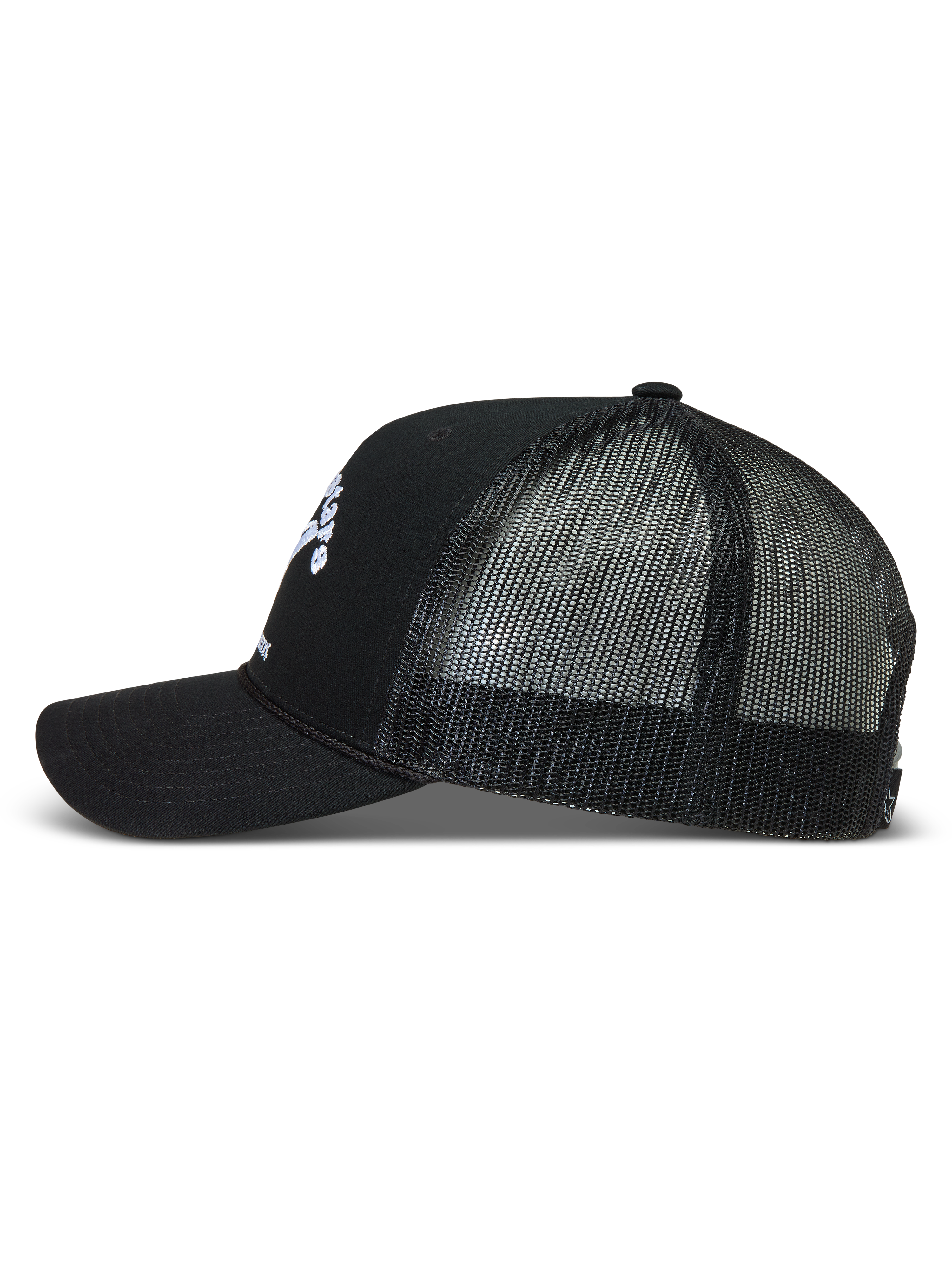 Alpinestars Baron Trucker Hat, Black Sportswear Cap with breathable mesh back, curved bill, and structured twill front crown.