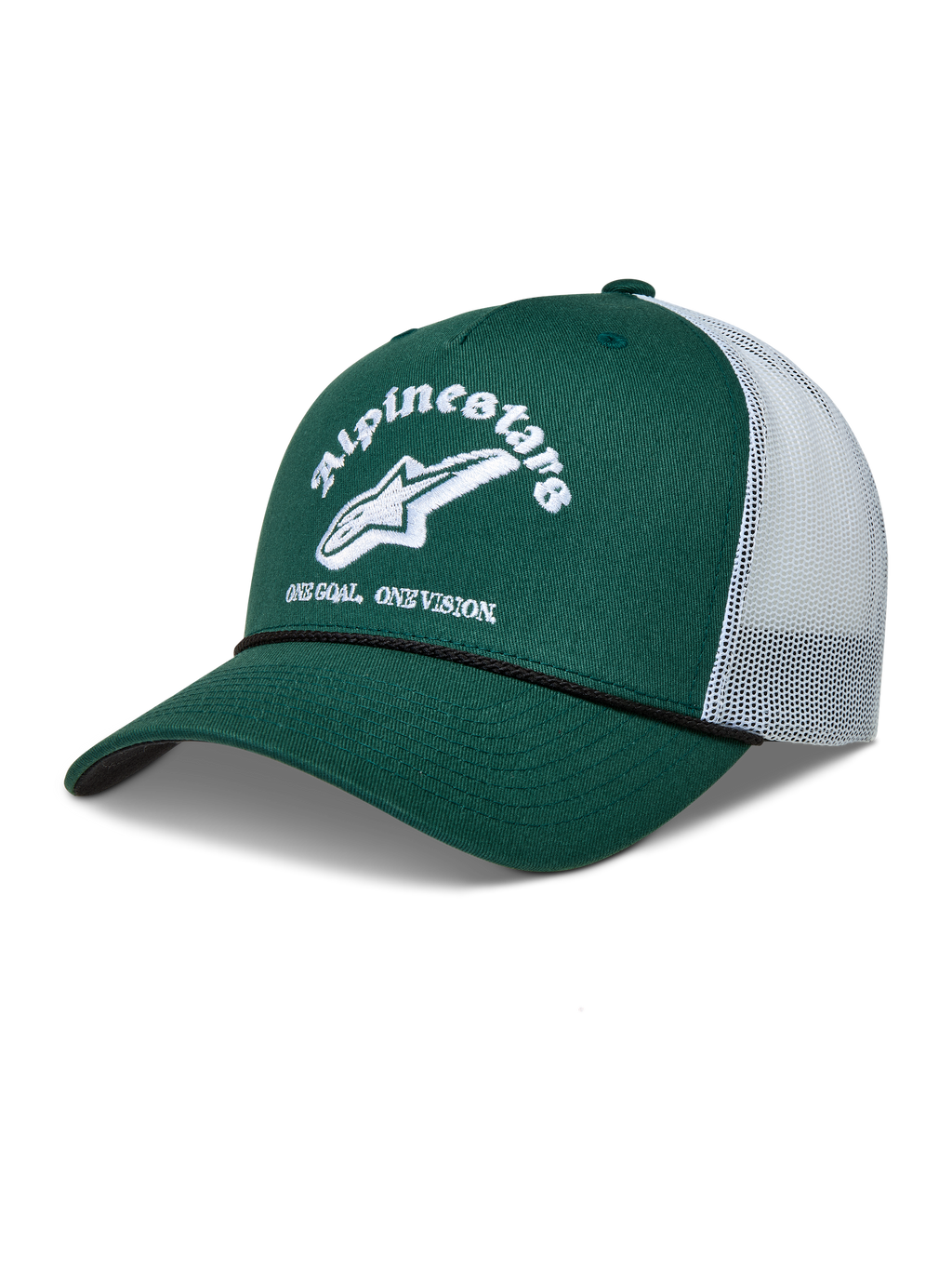 Alpinestars Baron Trucker cap, grøn og hvid kasket med buet skygge, åndbar mesh-bagside og broderet Alpinestars-logo.