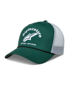Alpinestars Baron Trucker cap, grøn og hvid kasket med buet skygge, åndbar mesh-bagside og broderet Alpinestars-logo.