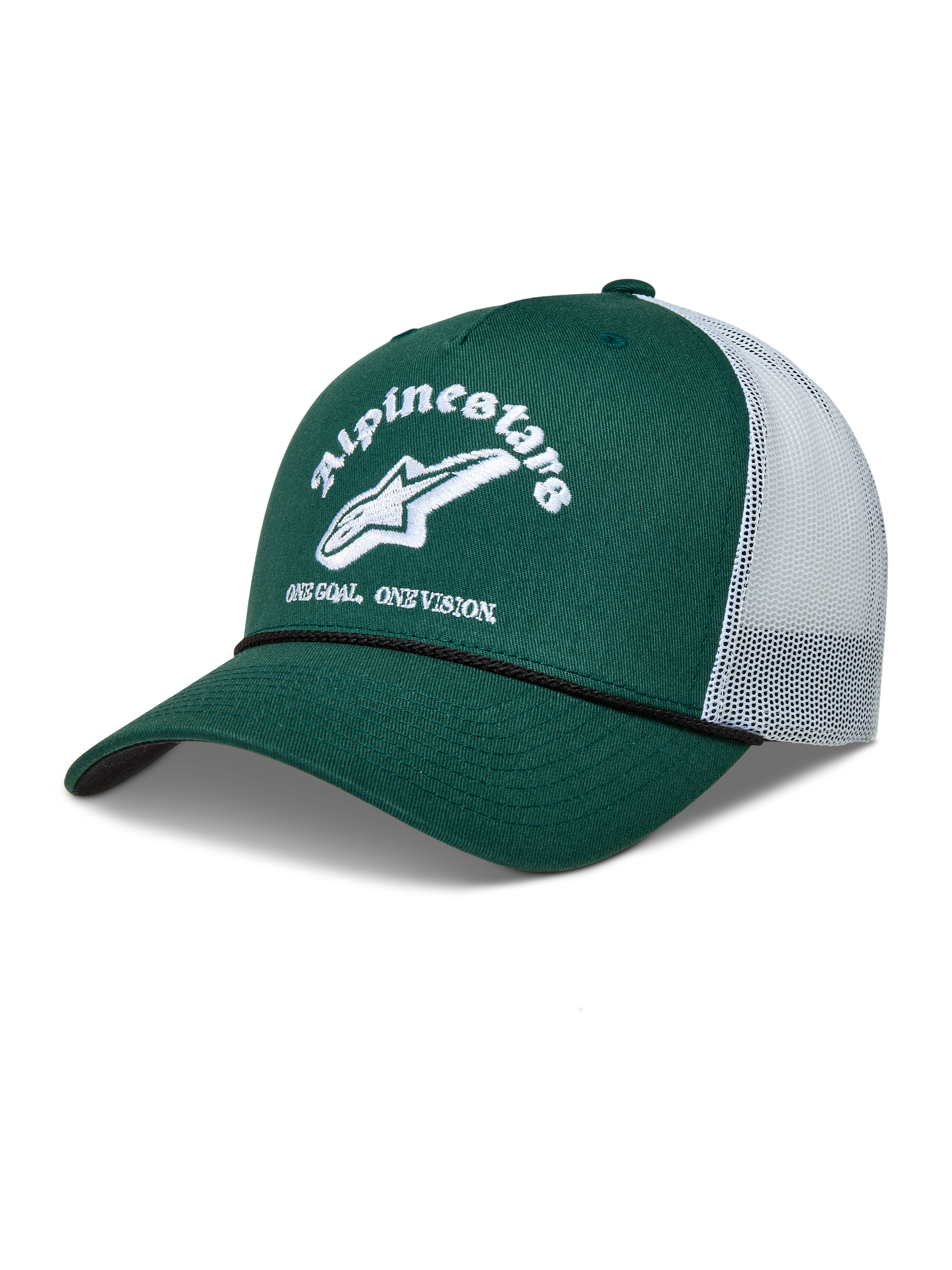Alpinestars Baron Trucker cap, grøn og hvid kasket med buet skygge, åndbar mesh-bagside og broderet Alpinestars-logo.