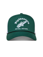 Alpinestars Baron Trucker cap, grøn og hvid sportskasket med buet skygge og struktureret twillkrone.