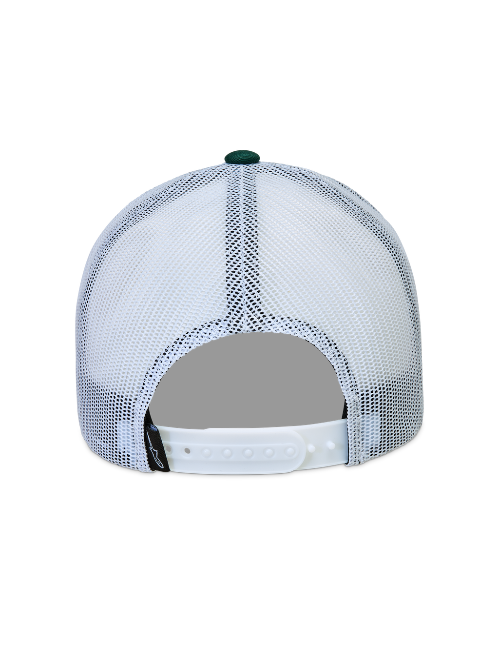 Alpinestars Baron Trucker Hat, hvid og grøn trucker cap set bagfra med mesh-paneler og snapback-lukning.