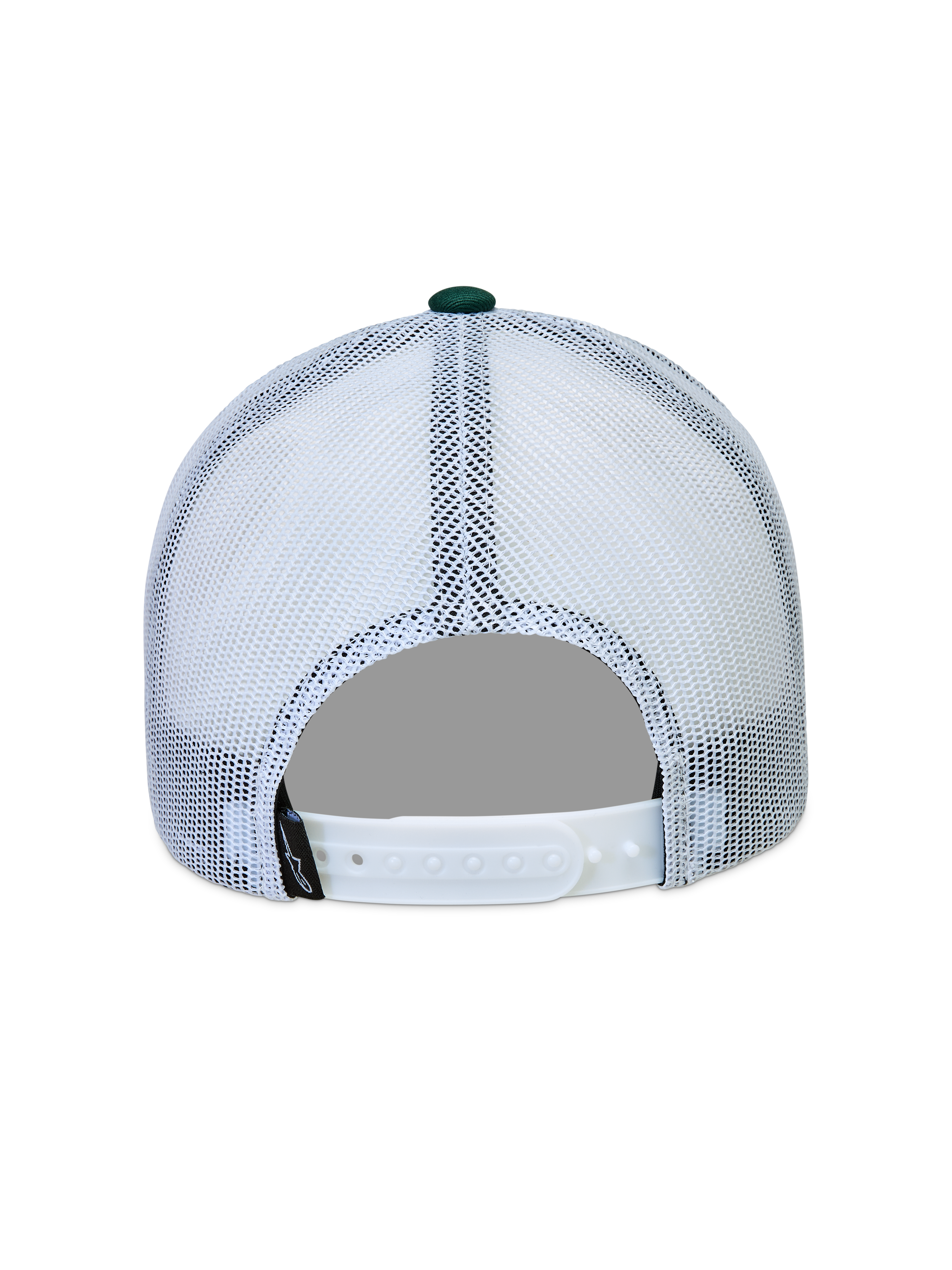 Alpinestars Baron Trucker Hat, hvid og grøn trucker cap set bagfra med mesh-paneler og snapback-lukning.