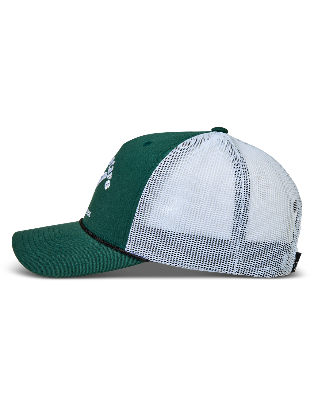 Alpinestars Baron Trucker cap, grøn og hvid kasket, set fra siden med struktureret twill og mesh-bagside.