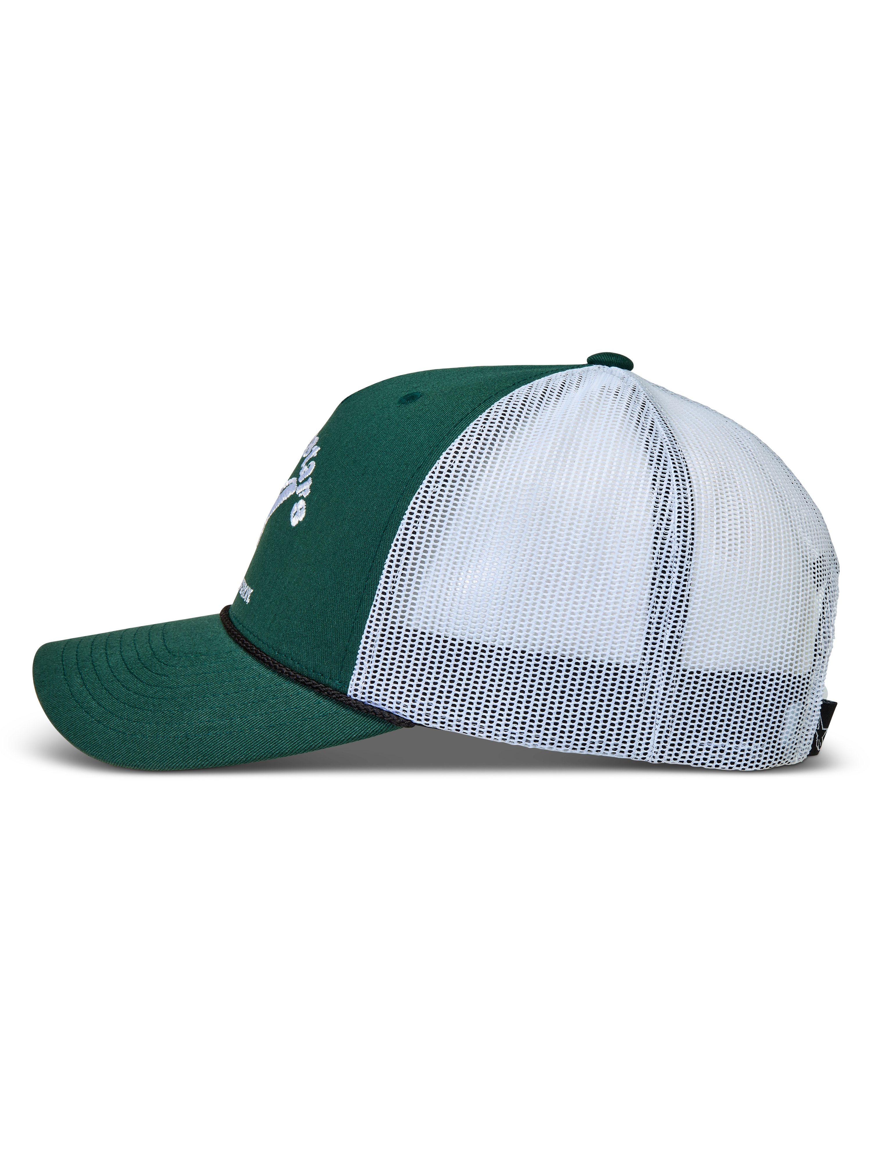 Alpinestars Baron Trucker cap, grøn og hvid kasket, set fra siden med struktureret twill og mesh-bagside.