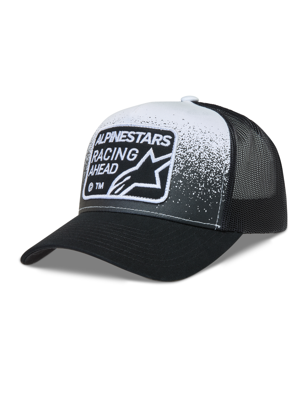 Alpinestars Gravel Trucker cap, sort og hvid kasket med meshpaneler, buet skygge og vævet Racing Ahead-mærke.