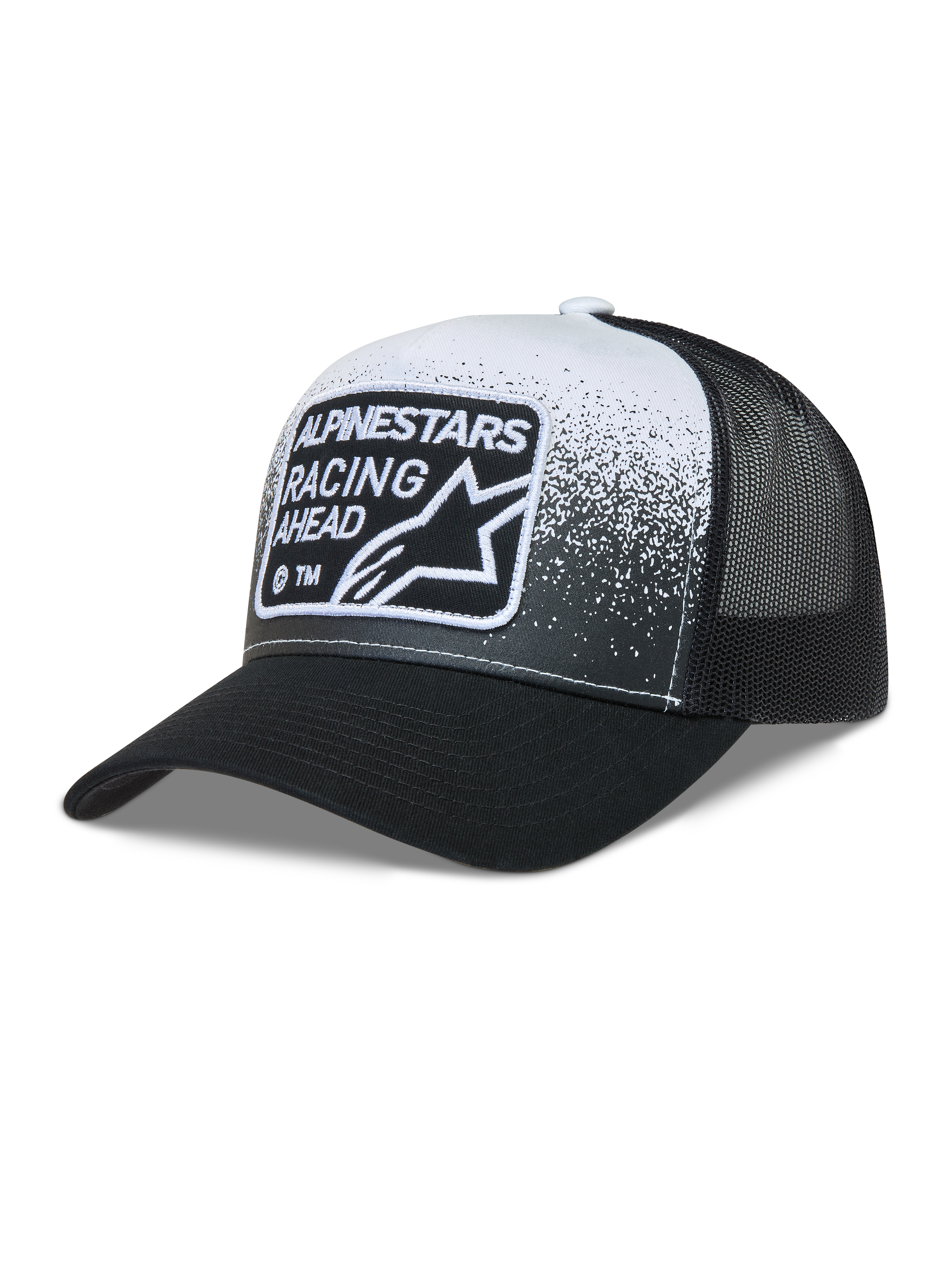 Alpinestars Gravel Trucker cap, sort og hvid kasket med meshpaneler, buet skygge og vævet Racing Ahead-mærke.