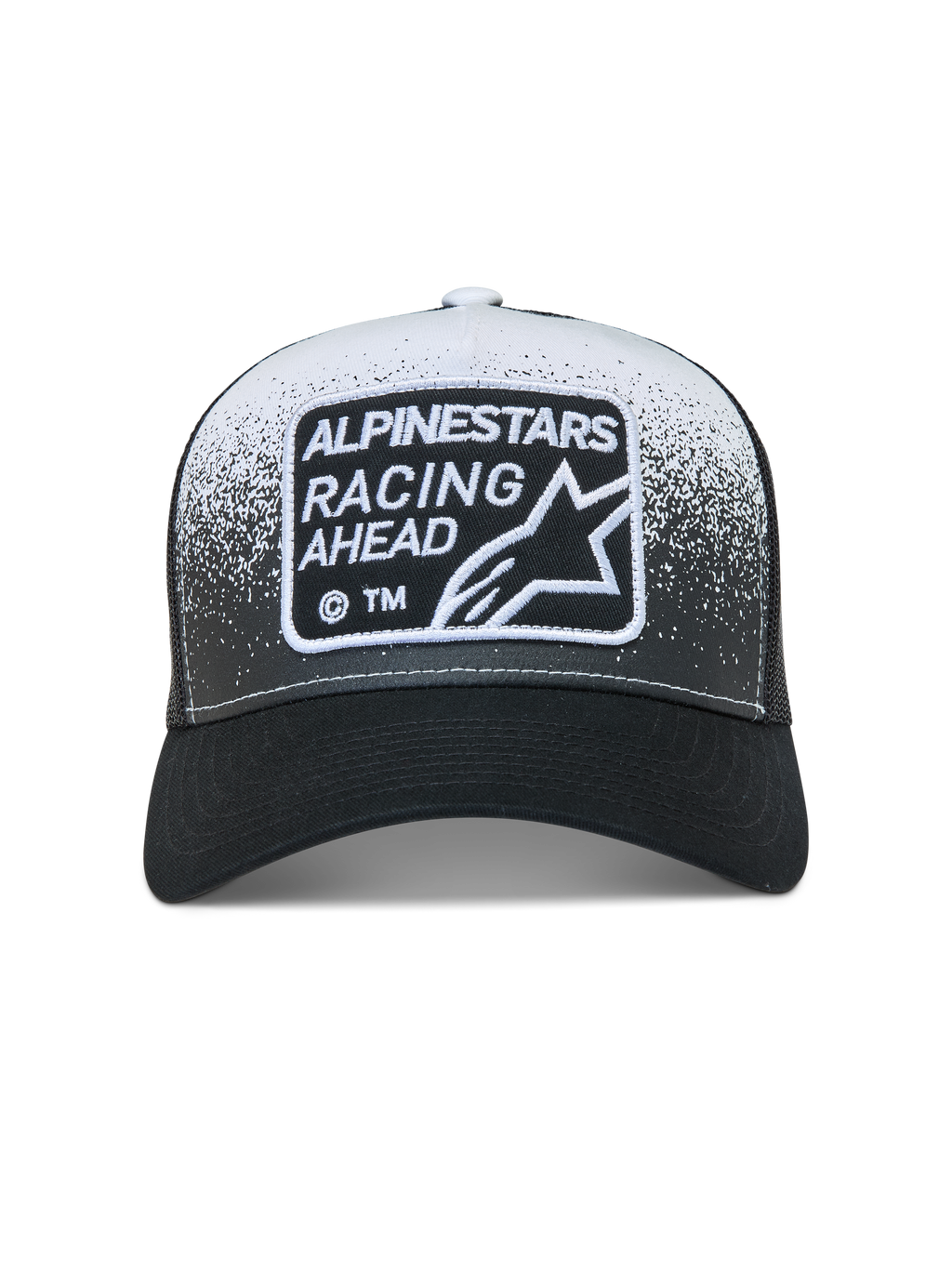 Alpinestars Gravel Trucker cap, sort og hvid kasket med grusteksturprint, mesh-bagside og vævet logopatch på fronten.