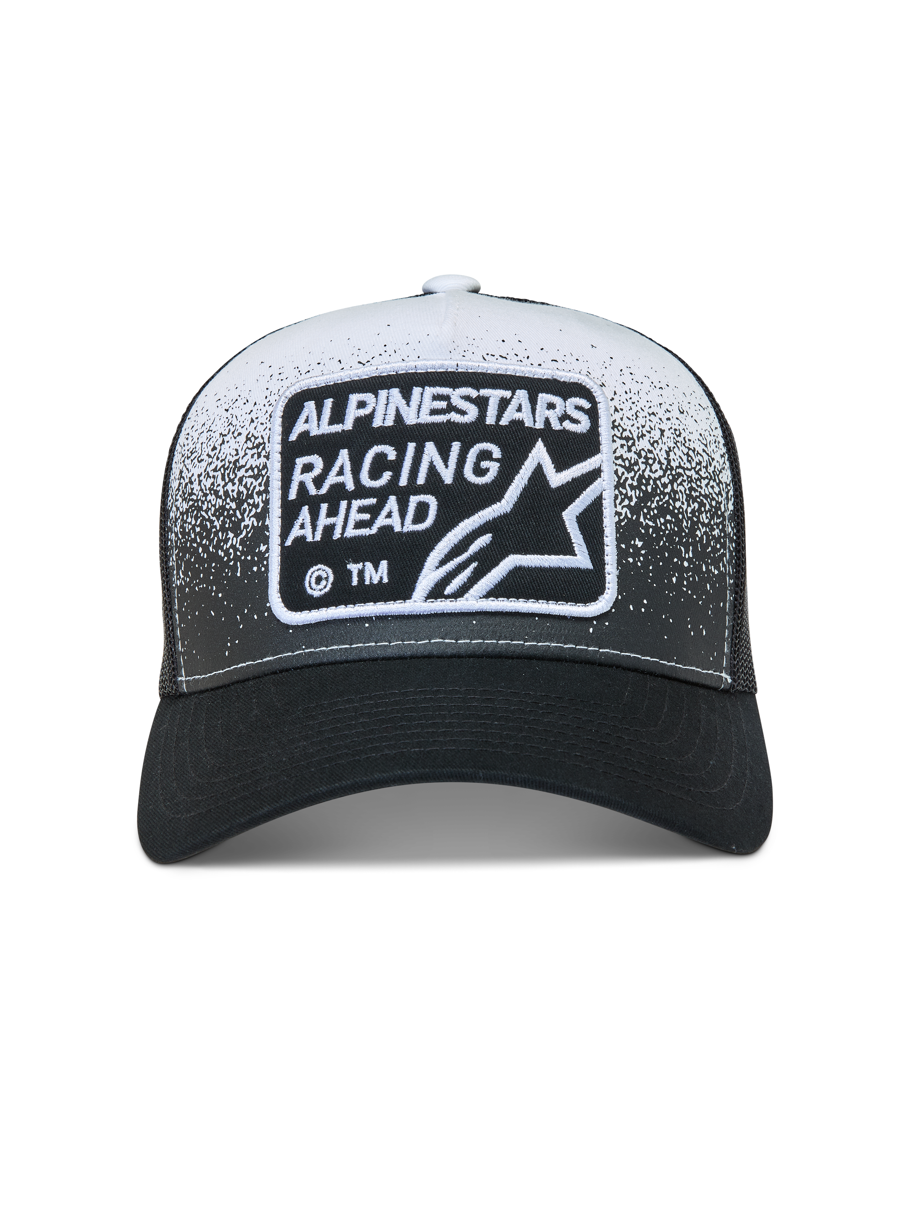 Alpinestars Gravel Trucker cap, sort og hvid kasket med grusteksturprint, mesh-bagside og vævet logopatch på fronten.
