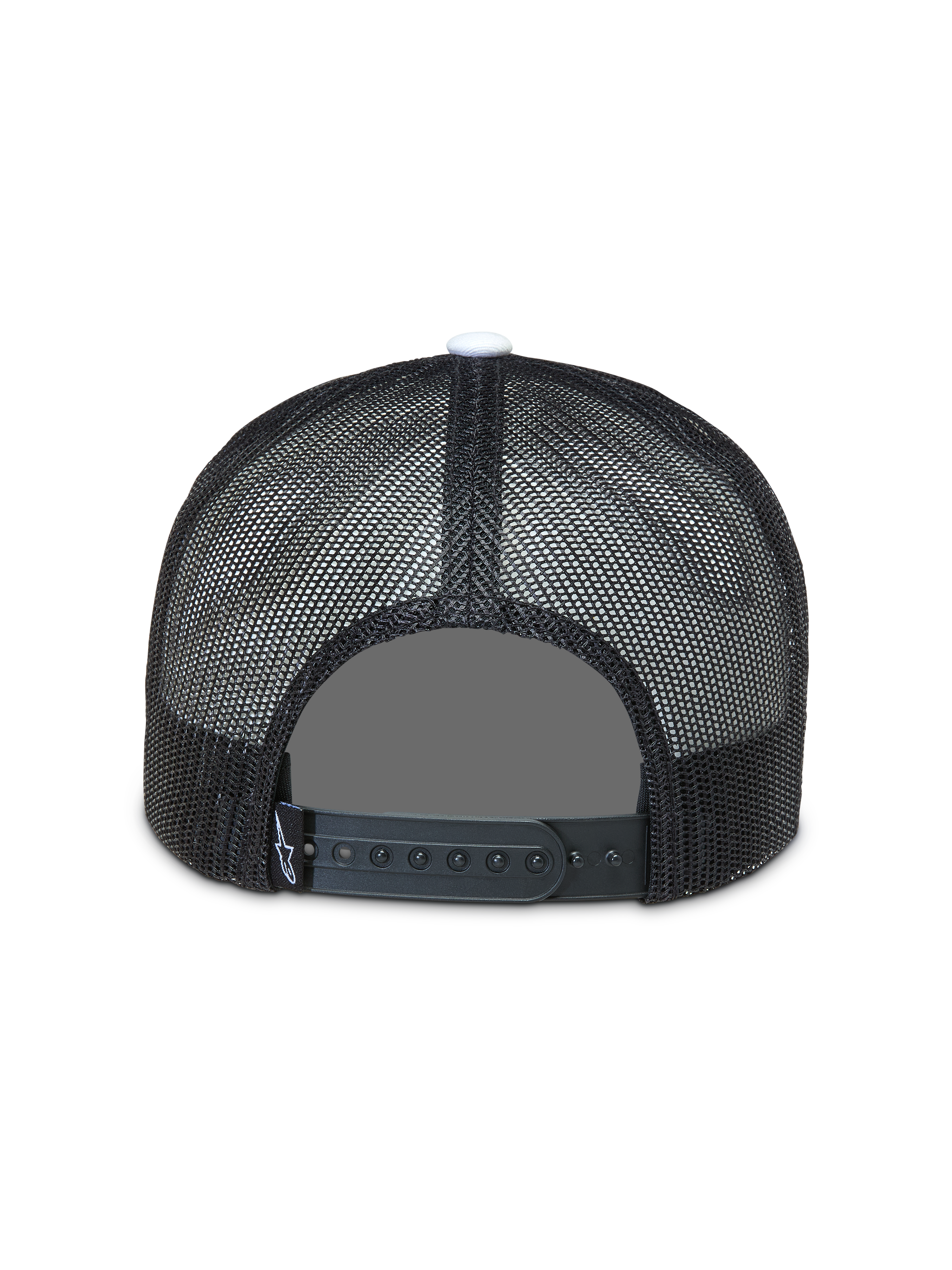 Alpinestars Gravel Trucker Hat, sort trucker cap set bagfra med åndbart poly mesh og justerbar snapback-lukning.