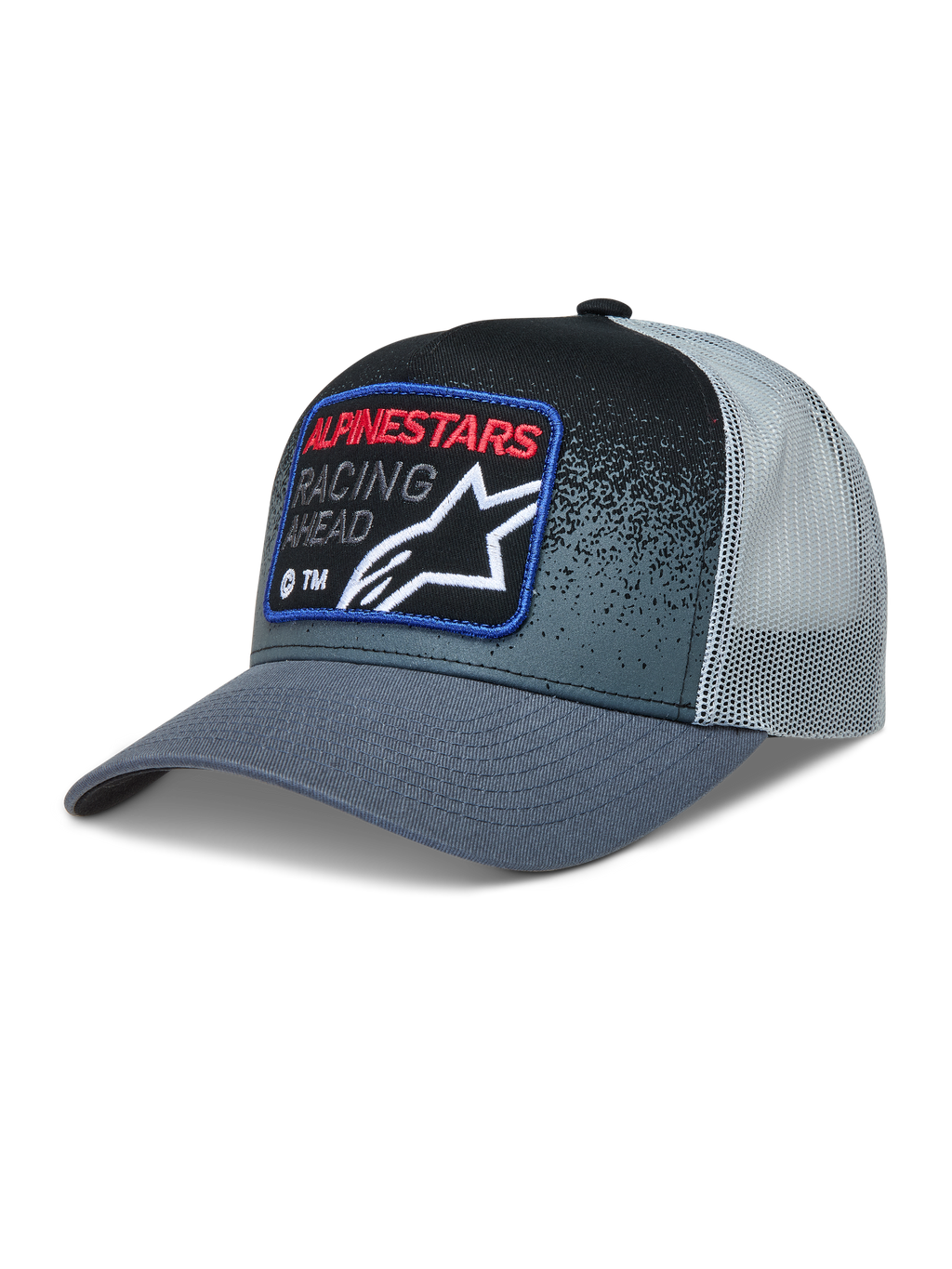 Alpinestars Gravel Trucker Hat, mørkegrå og sort trucker cap med mesh-bagside, buet skygge og vævet racing-mærke.