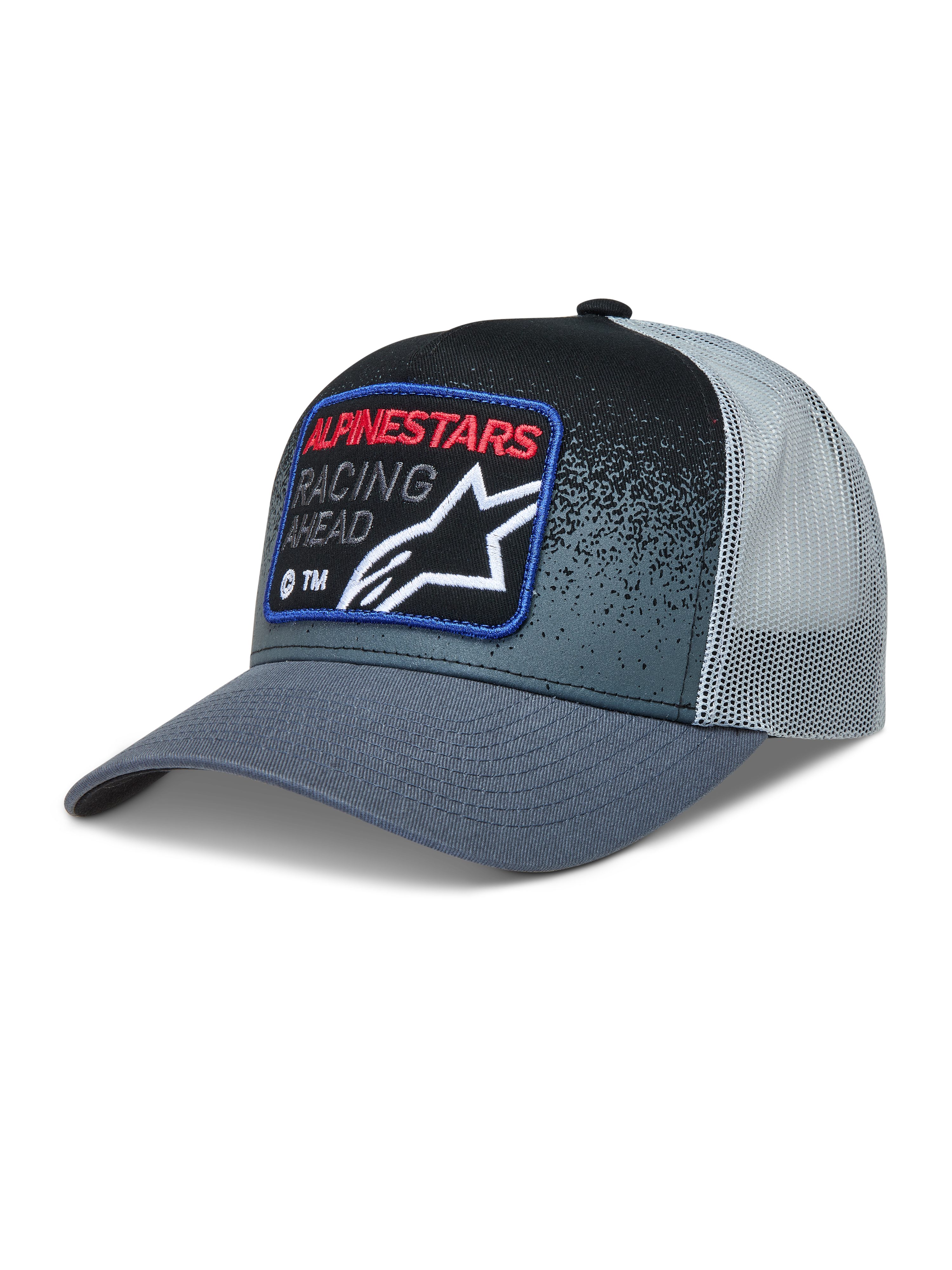 Alpinestars Gravel Trucker Hat, mørkegrå og sort trucker cap med mesh-bagside, buet skygge og vævet racing-mærke.