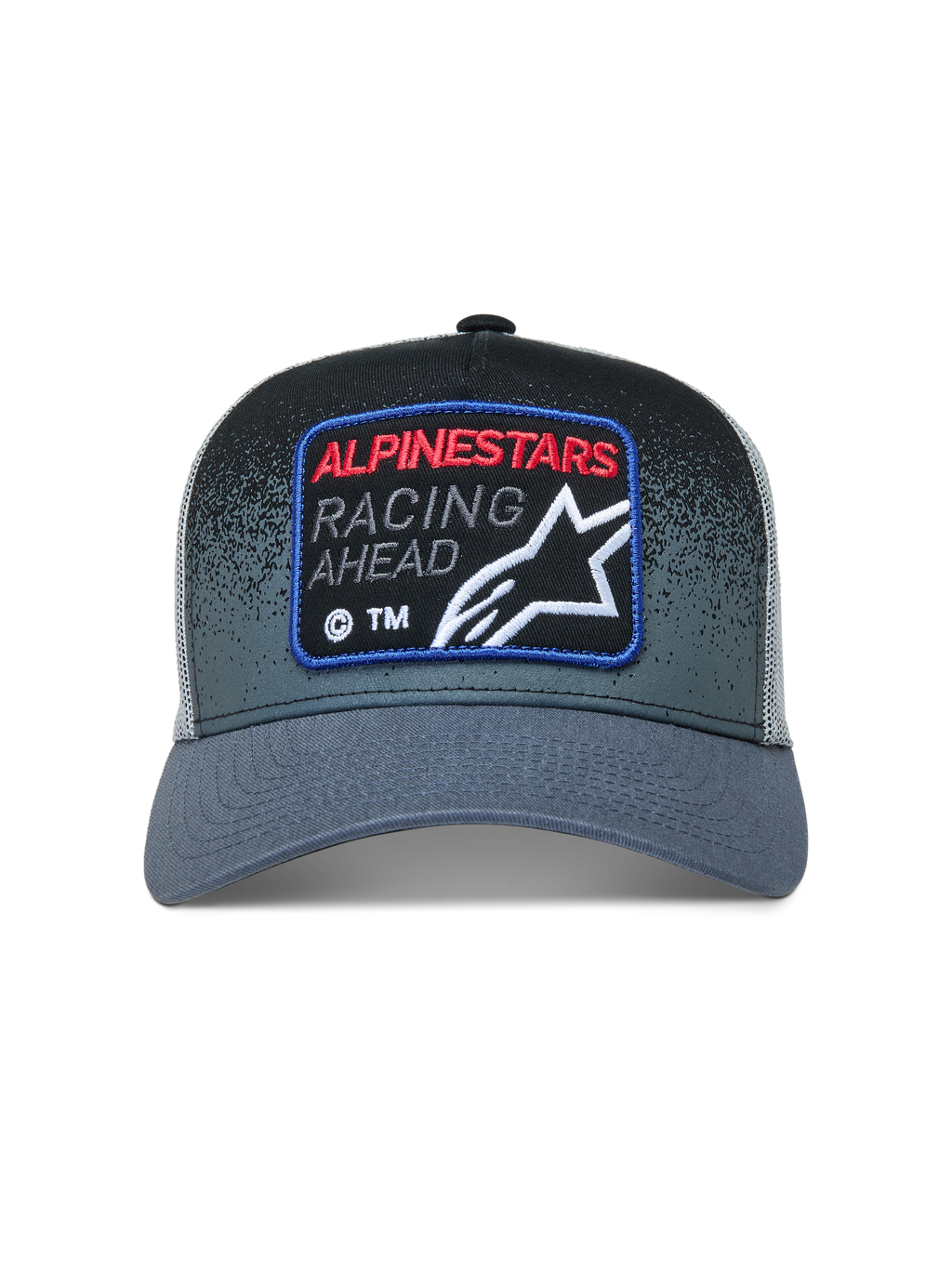 Alpinestars Gravel Trucker cap, mørkegrå og sort sportskasket med mesh-bagside, vævet racing-logomærke og buet skygge.