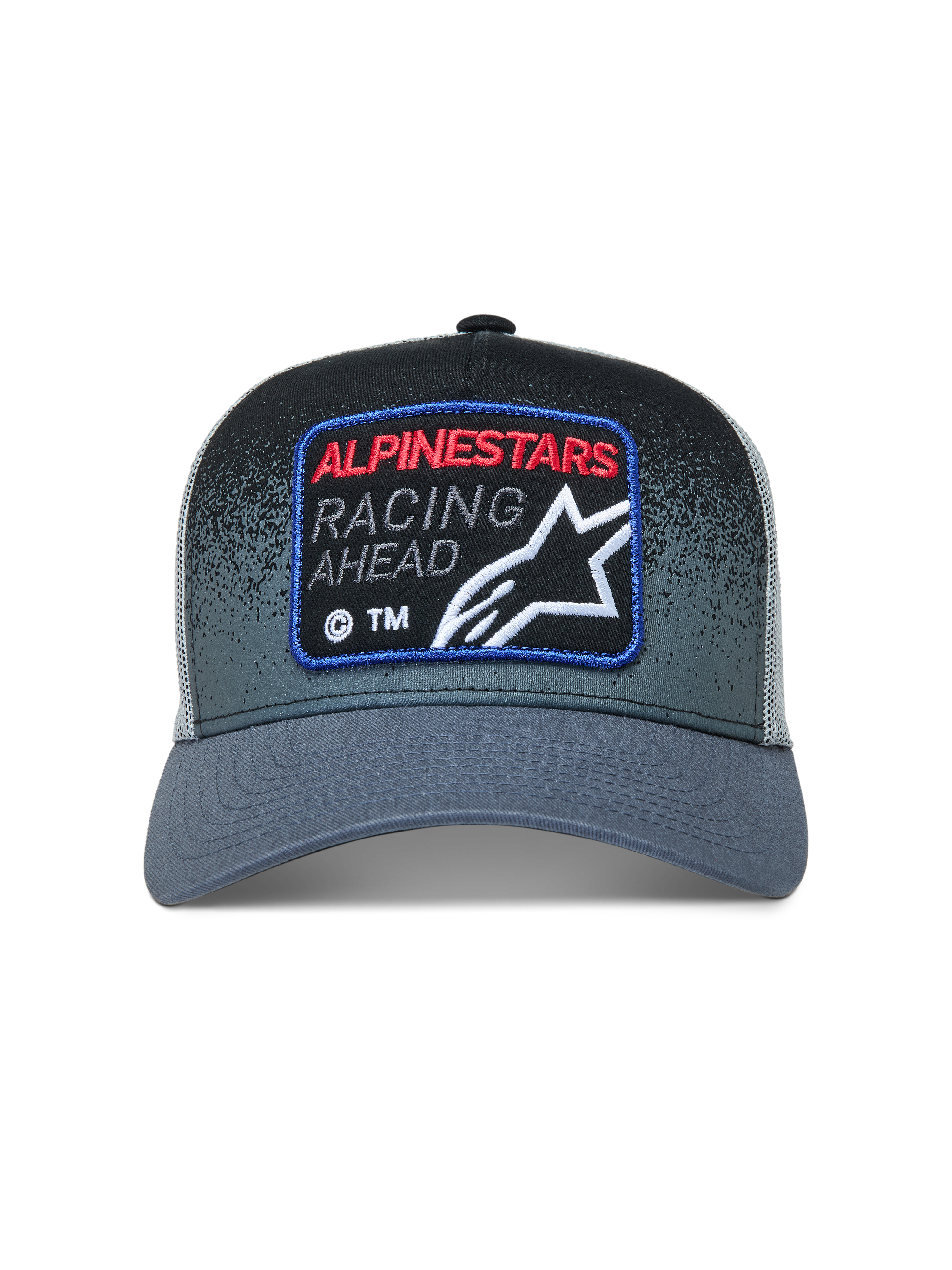 Alpinestars Gravel Trucker cap, mørkegrå og sort sportskasket med mesh-bagside, vævet racing-logomærke og buet skygge.