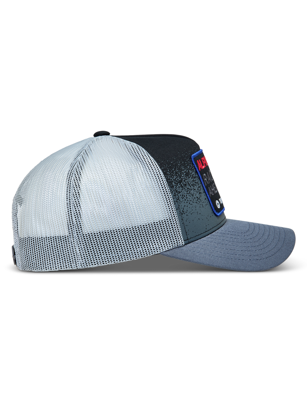 Alpinestars Gravel Trucker cap, mørkegrå og sort lifestyle kasket med hvidt meshbagstykke og buet skygge i sideprofil.