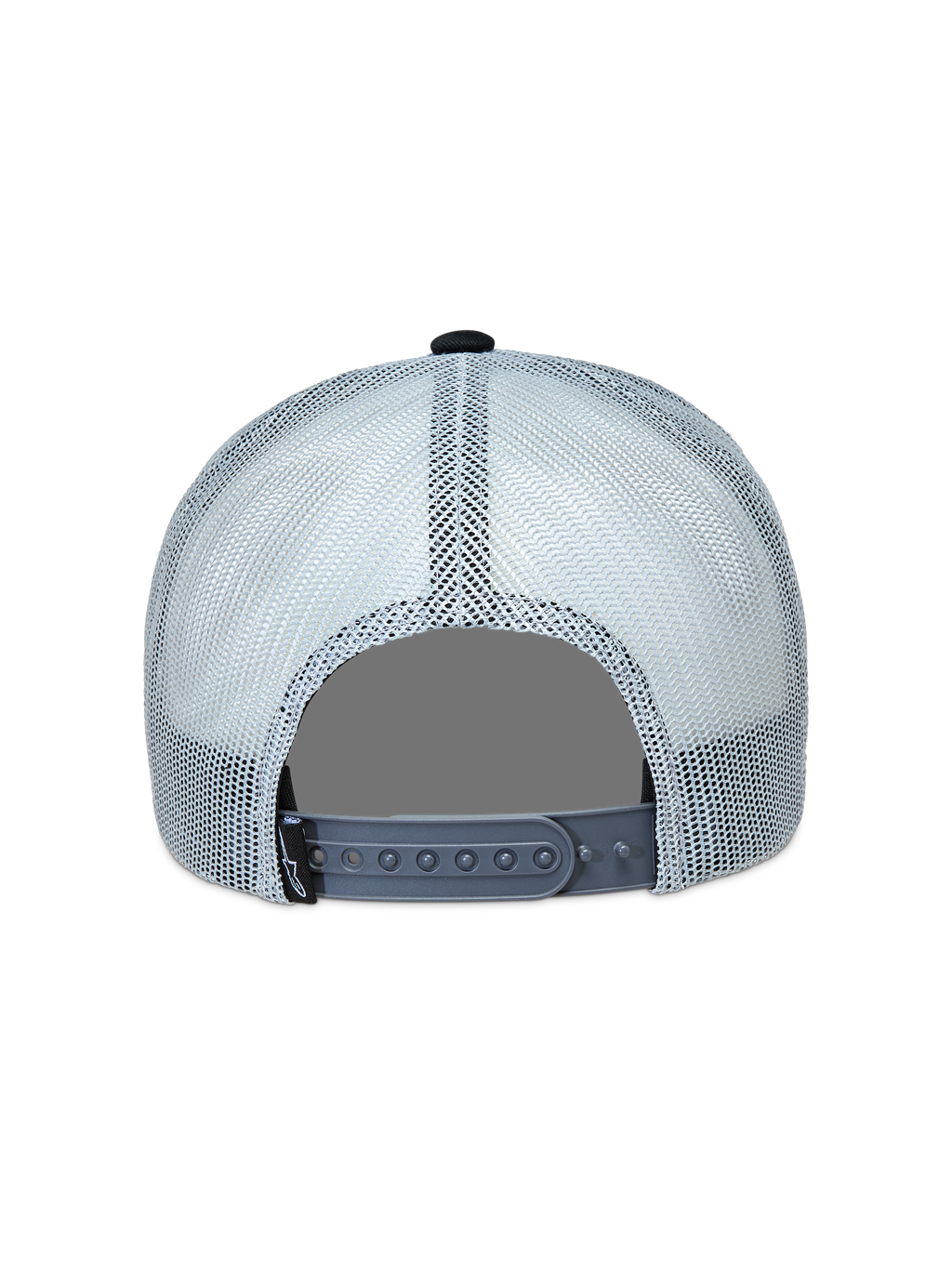 Alpinestars Gravel Trucker cap, grå og sort kasket set bagfra med åndbart mesh og justerbar snapback-lukning.