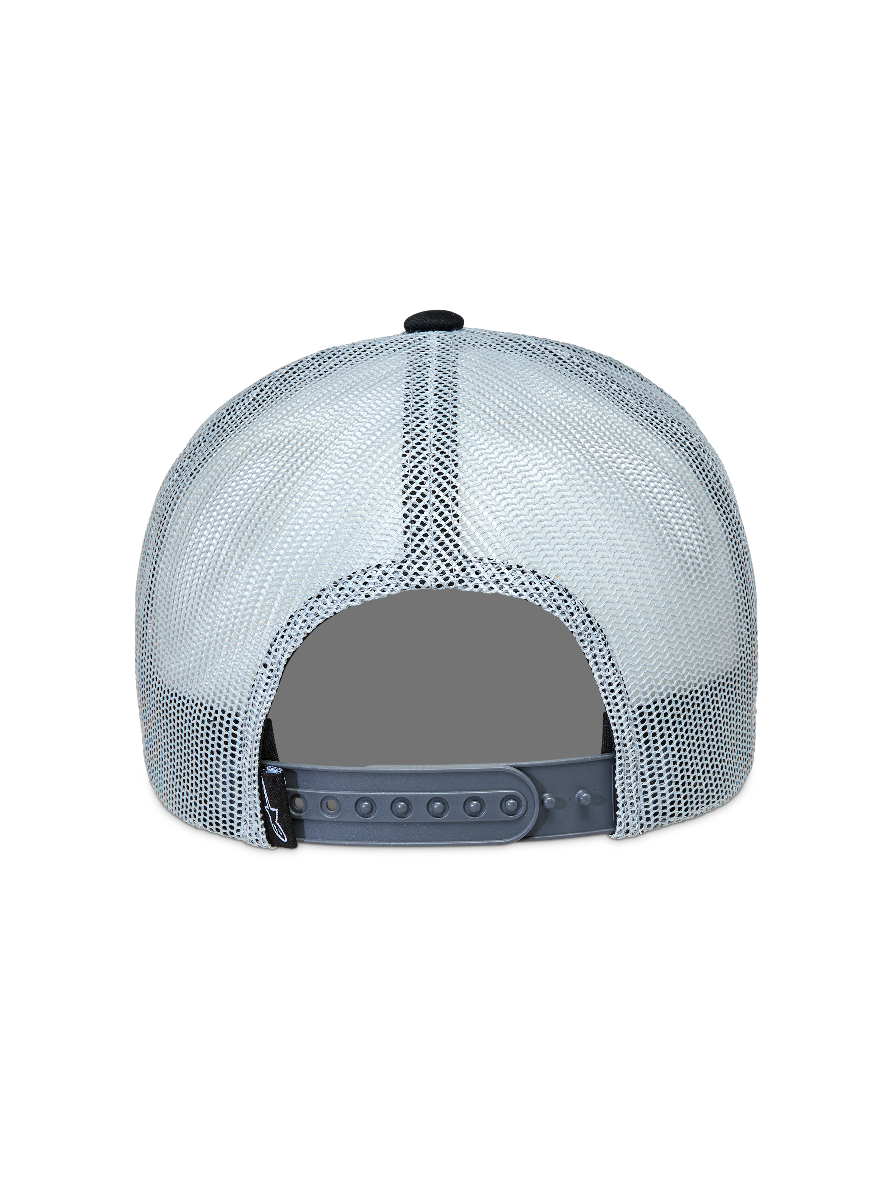 Alpinestars Gravel Trucker cap, grå og sort kasket set bagfra med åndbart mesh og justerbar snapback-lukning.