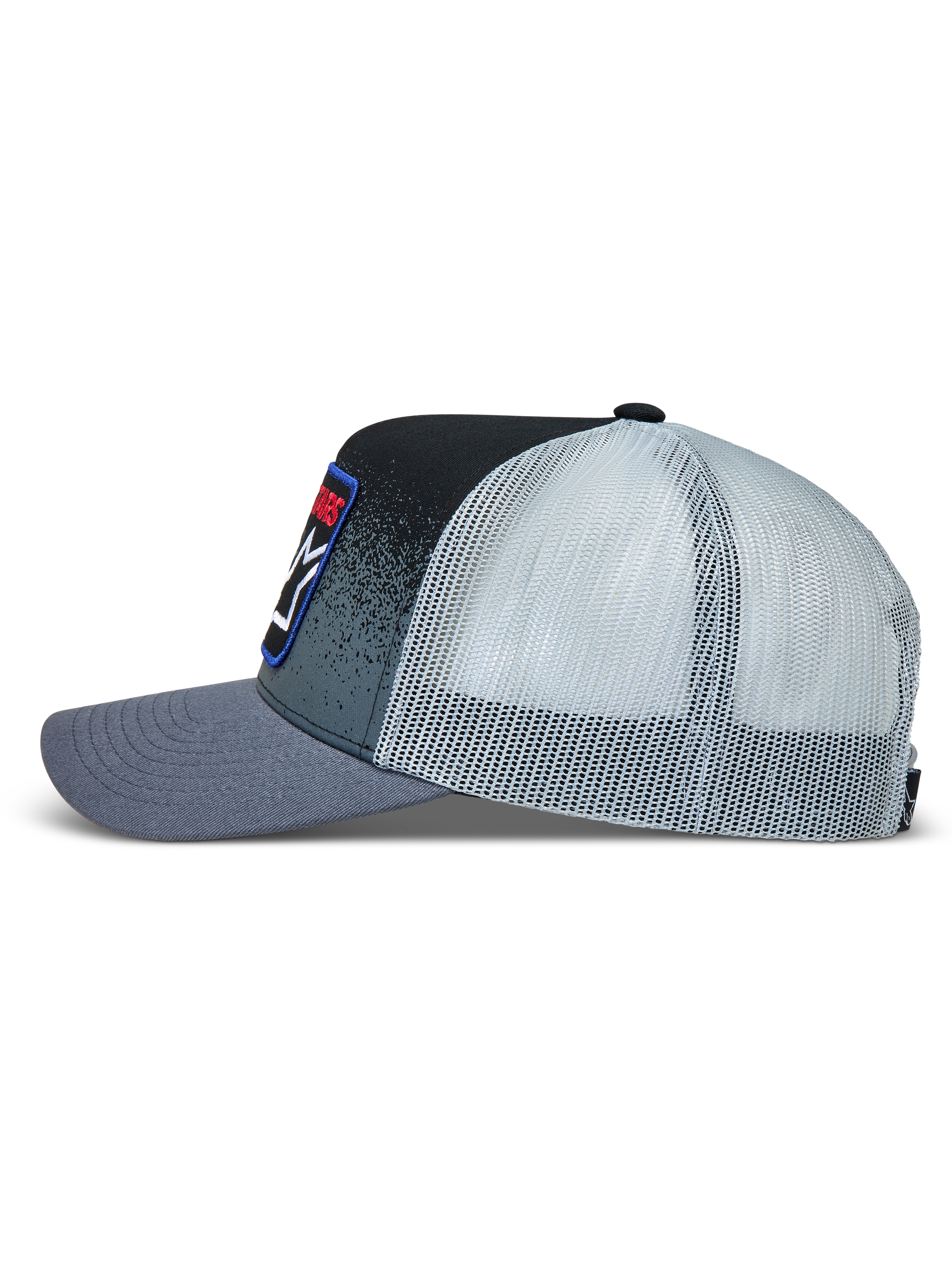 Alpinestars Gravel Trucker cap, mørkegrå og sort mesh-kasket med buet skygge, twill-front med grusteksturprint, sportstøj.