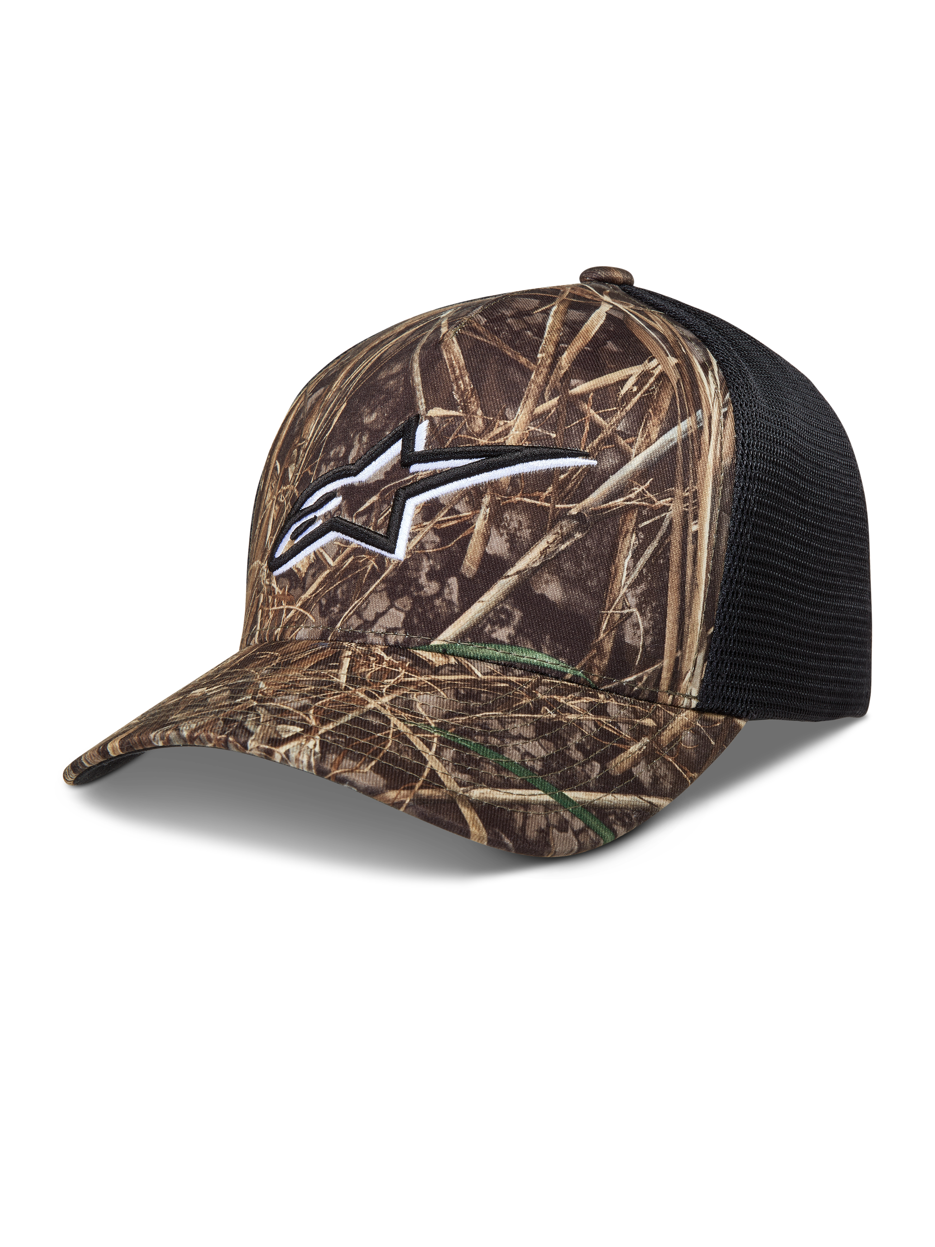 Alpinestars Thicket Realtree Trucker cap, camouflage og sort, med broderet Astars-logo, buet skygge og åndbart netmateriale bagpå.