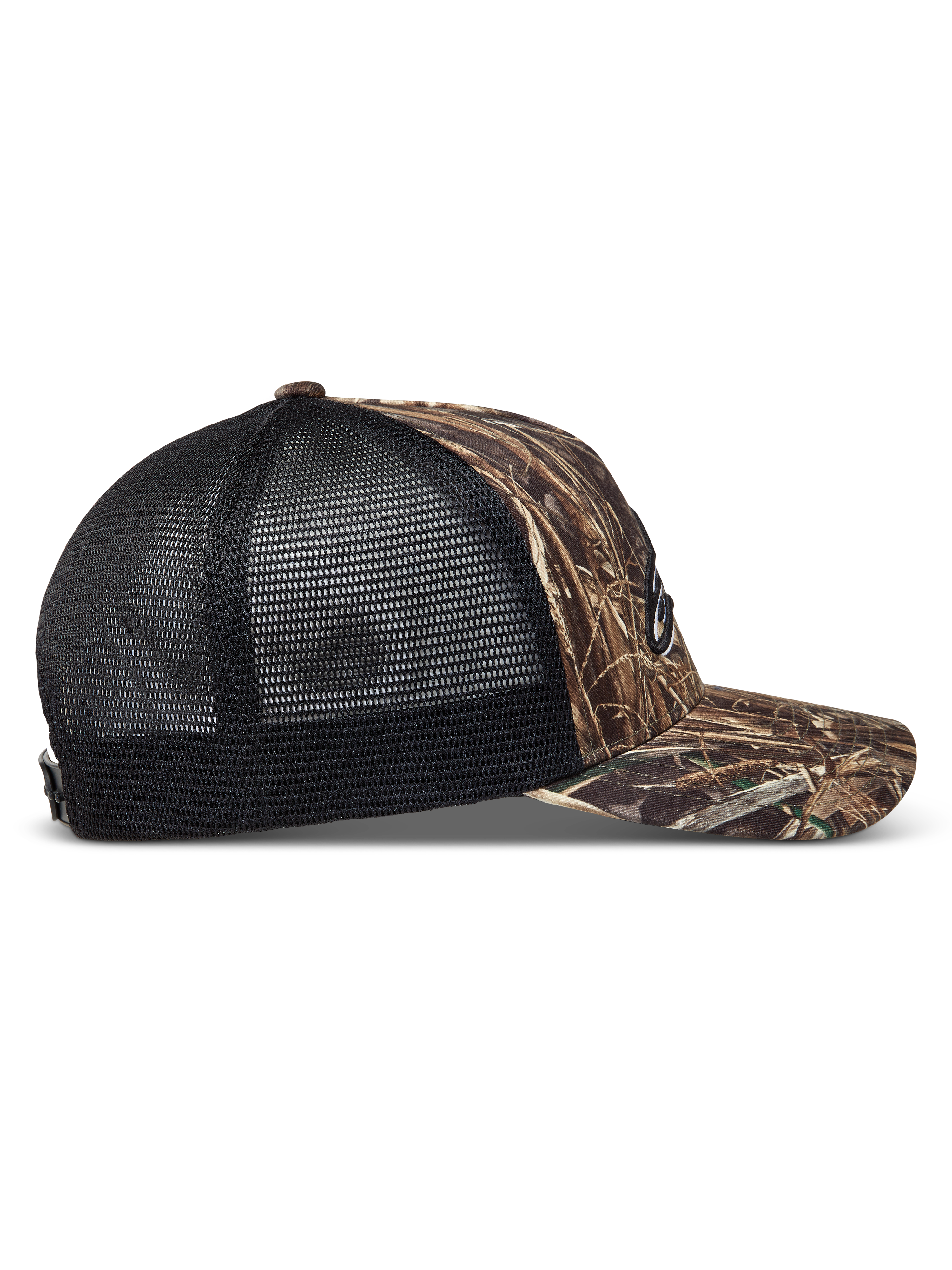 Alpinestars Thicket Realtree Trucker Hat in Camo and Black, side view featuring a curved bill and breathable mesh back.