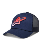 Alpinestars Meteorite Trucker Hat, Sportswear Lifestyle Cap, Navy Blue and Red, featuring a structured crown, curved bill, breathable mesh back panels, and a textured Astars logo patch.