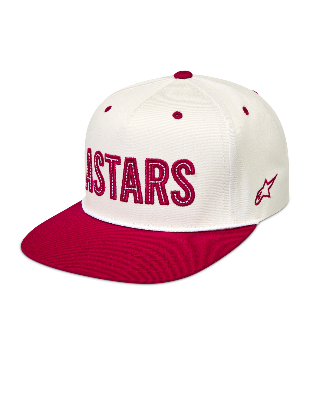 Alpinestars Stadium Snapback Hat, råhvid og rød kasket med flad skygge, struktureret krone og Astars-logoapplikation.