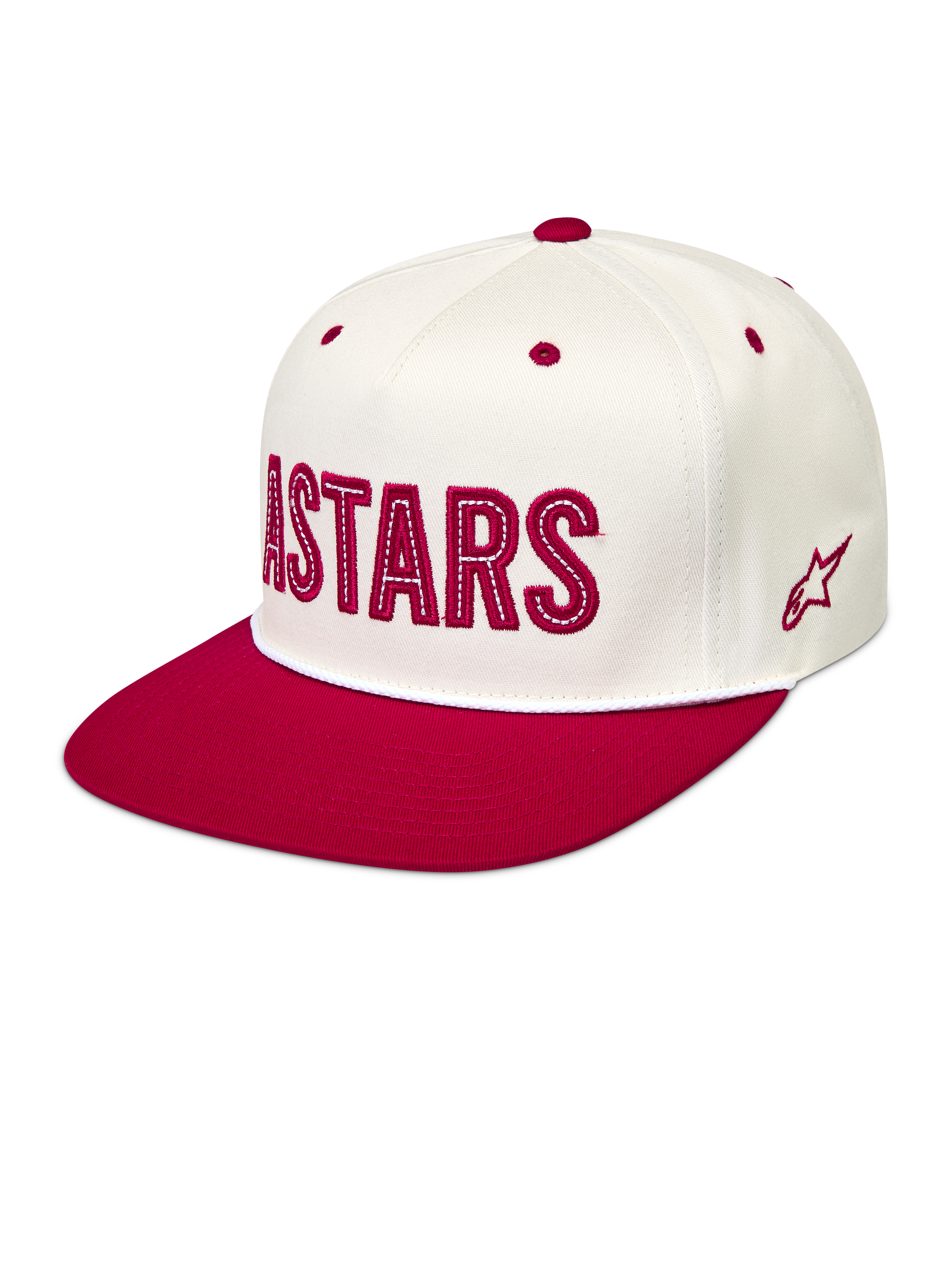 Alpinestars Stadium Snapback Hat, råhvid og rød kasket med flad skygge, struktureret krone og Astars-logoapplikation.