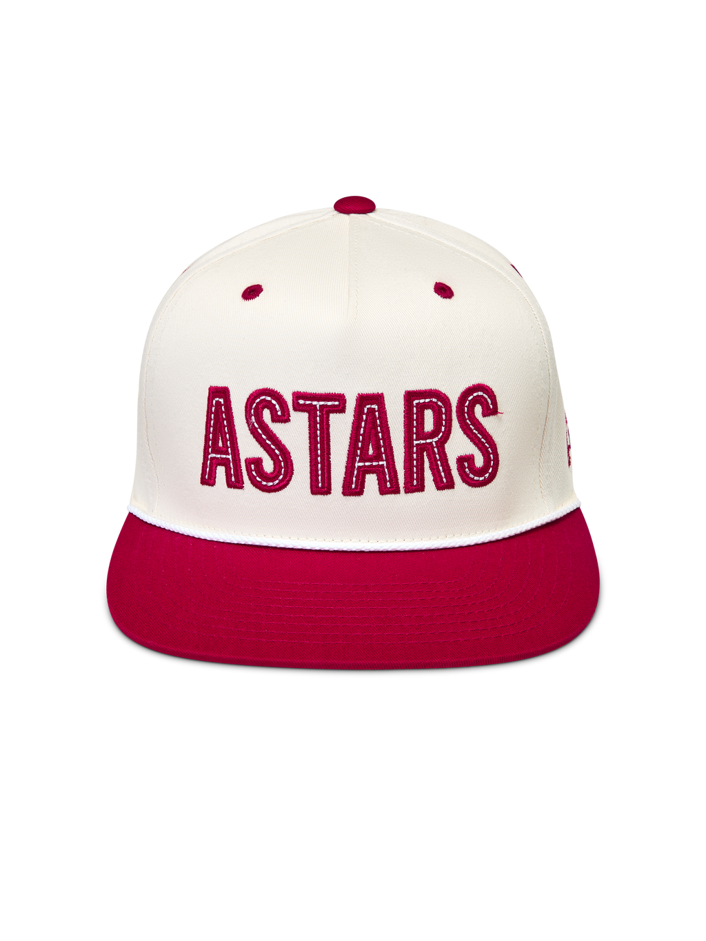 Alpinestars Stadium Snapback kasket, råhvid og rød sportskasket med flad skygge og ASTARS logoapplikation.