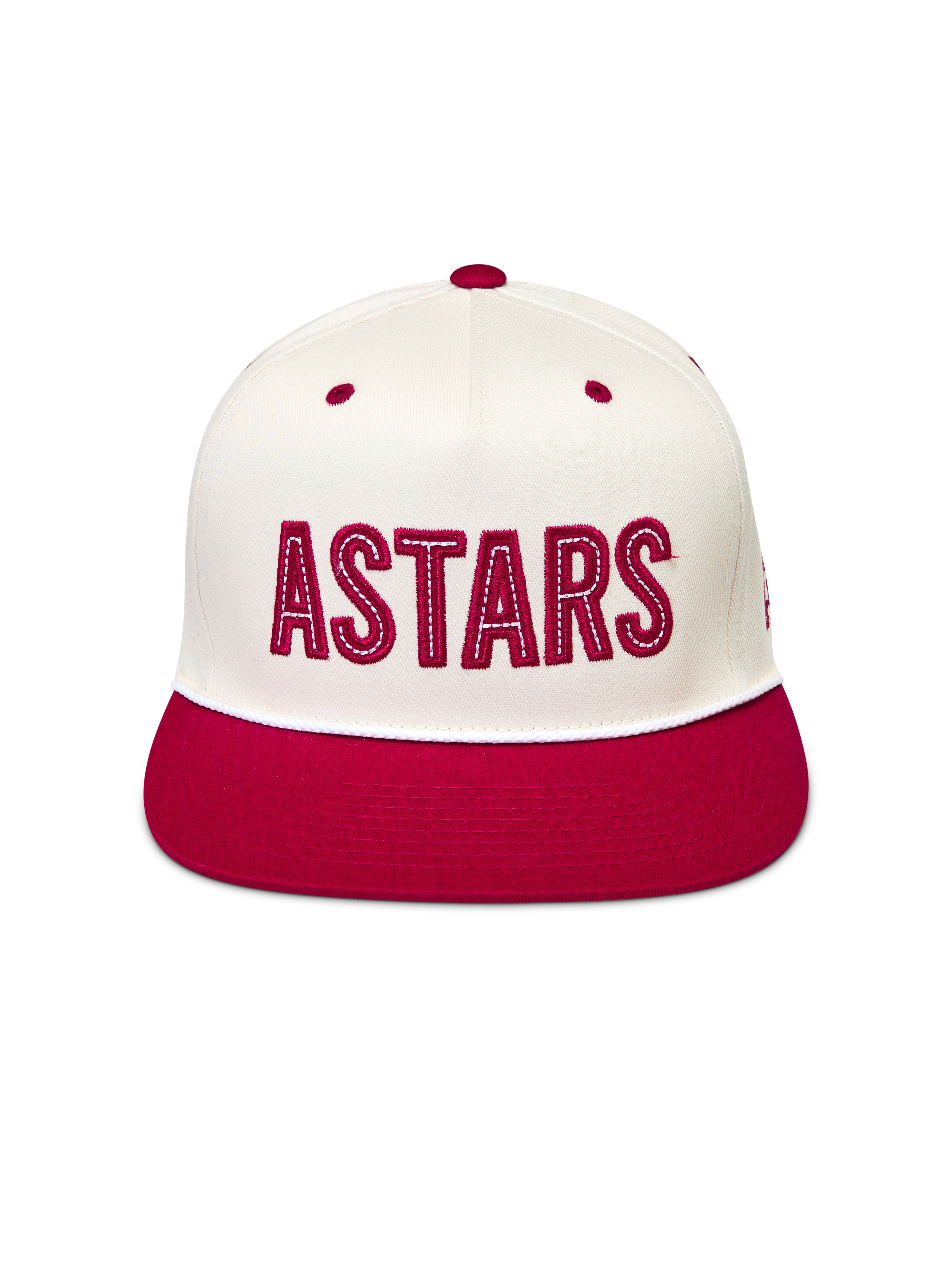 Alpinestars Stadium Snapback kasket, råhvid og rød sportskasket med flad skygge og ASTARS logoapplikation.