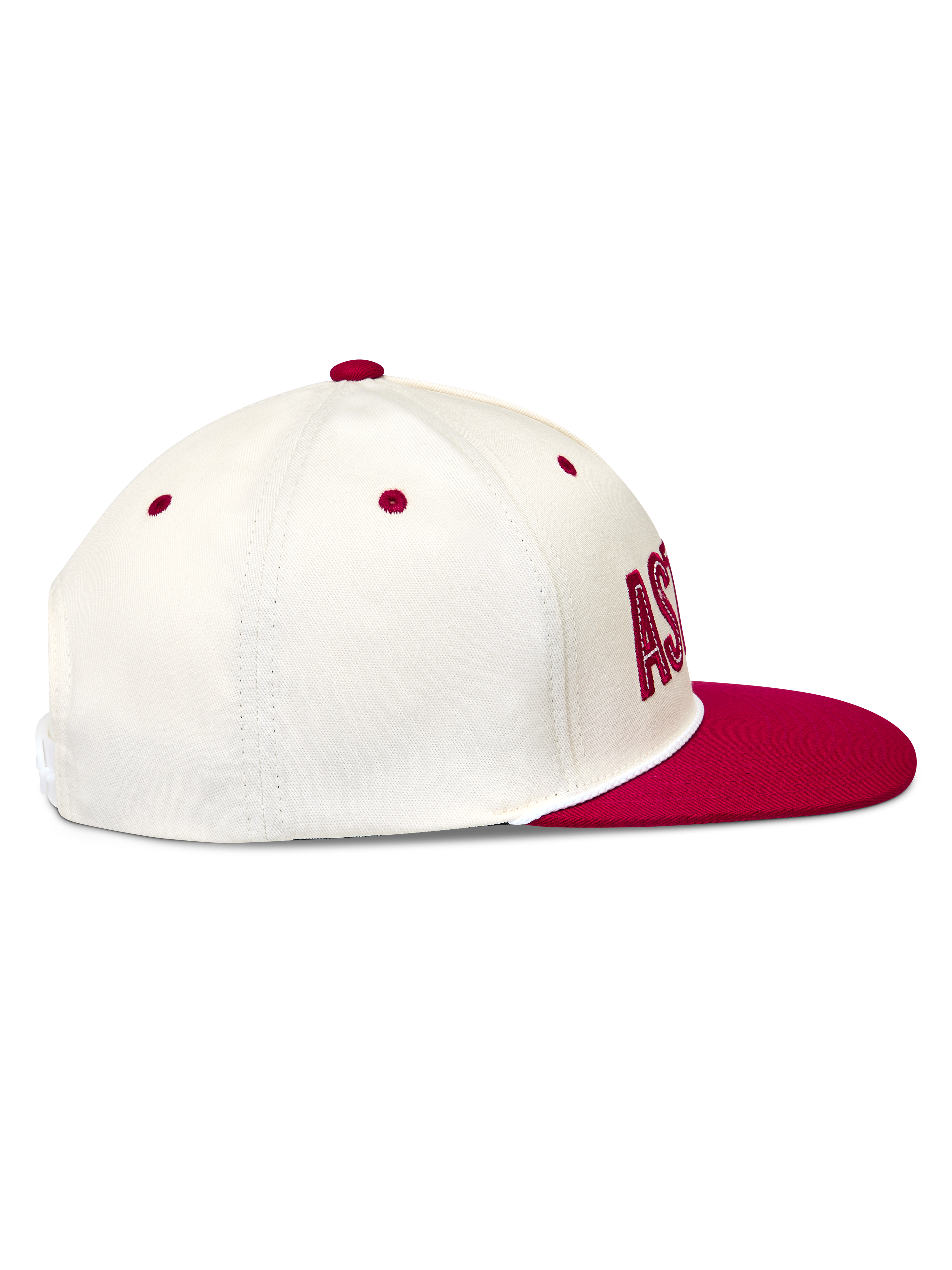 Alpinestars Stadium Snapback hat, hvid og rød kasket med flad skygge og struktureret krone, sideprofil i twillstof.
