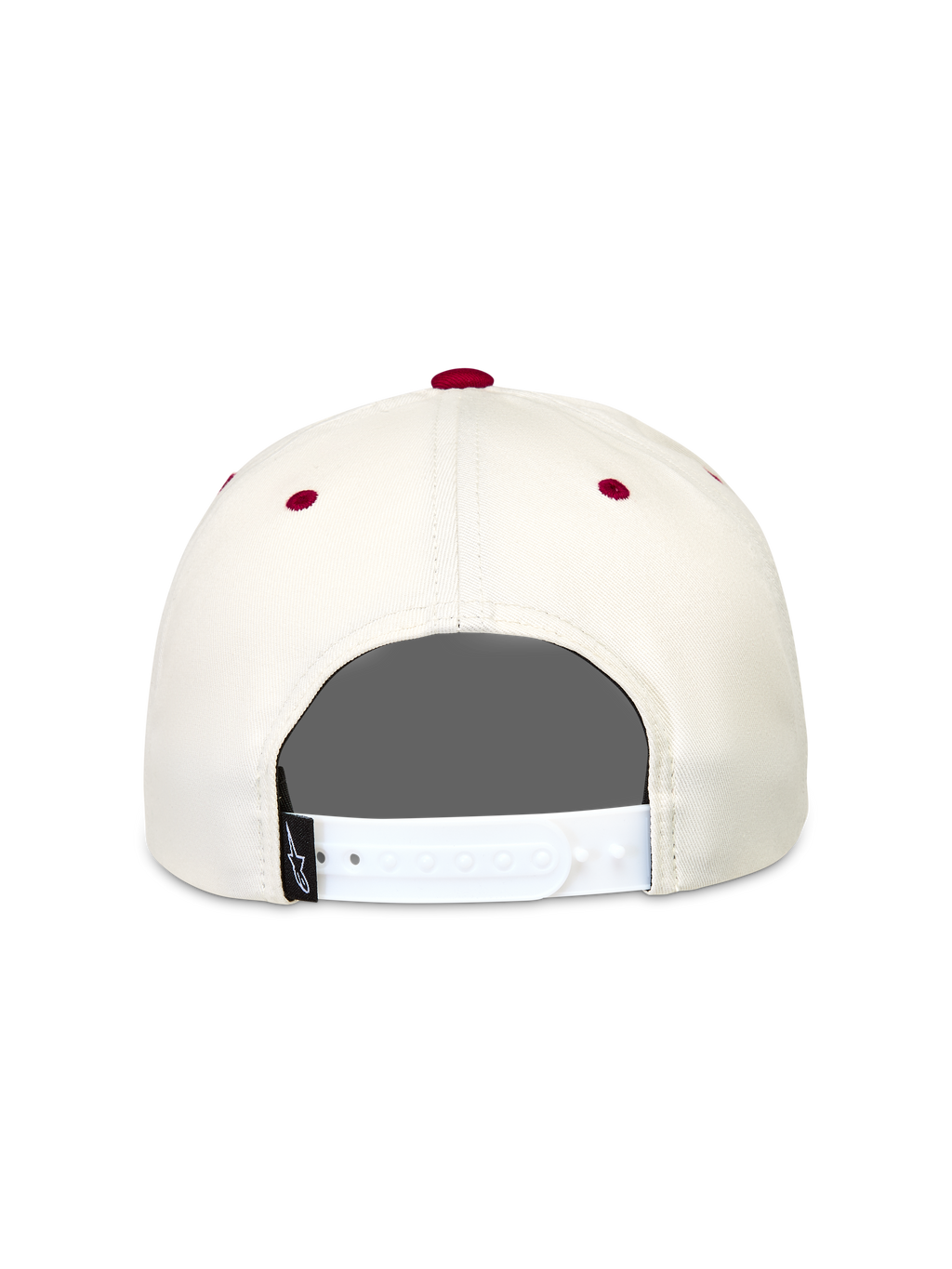 Alpinestars Stadium Snapback Hat, råhvid og rød kasket set bagfra med hvid justerbar snapback-lukning og røde detaljer.