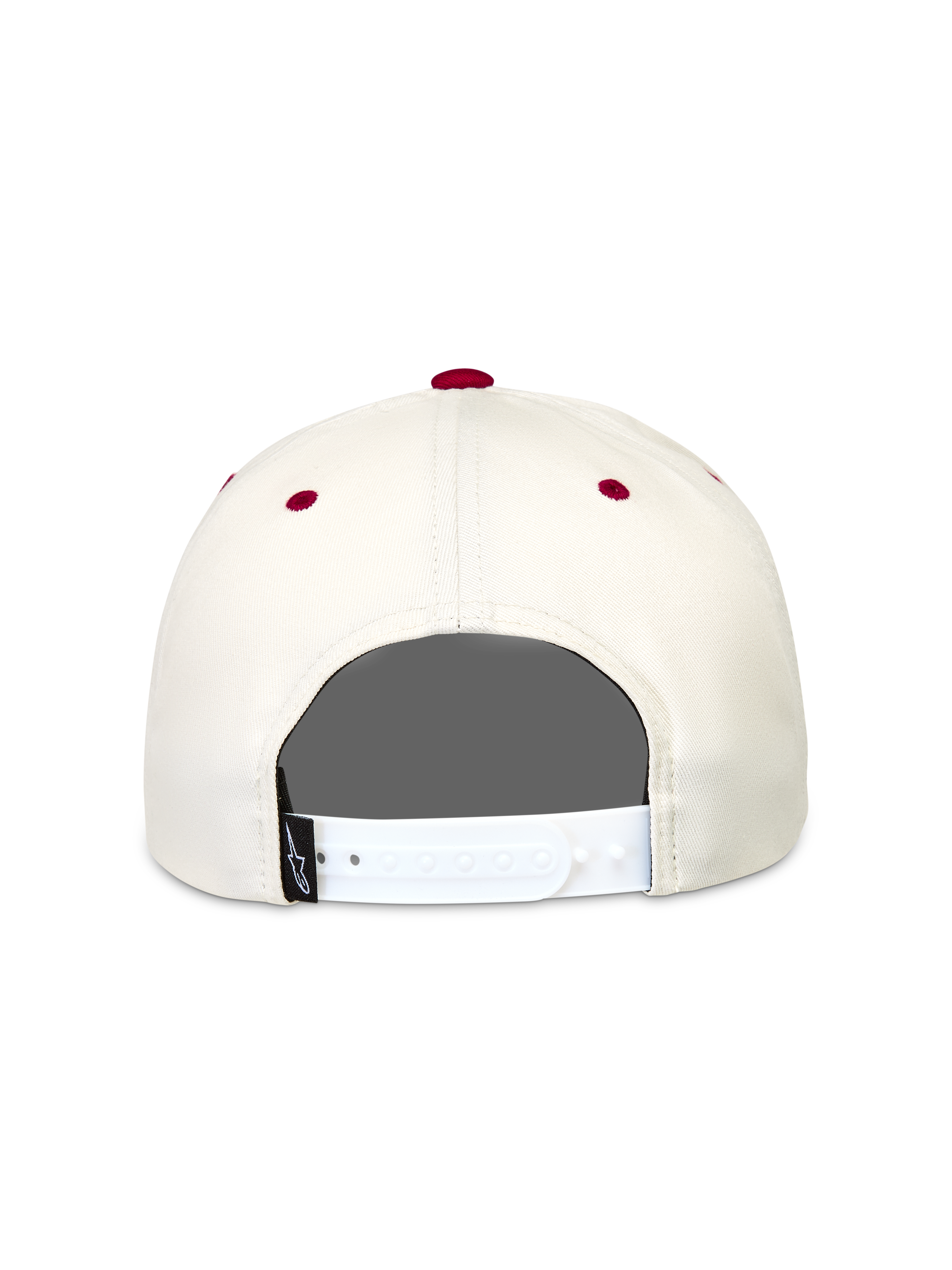 Alpinestars Stadium Snapback Hat, råhvid og rød kasket set bagfra med hvid justerbar snapback-lukning og røde detaljer.