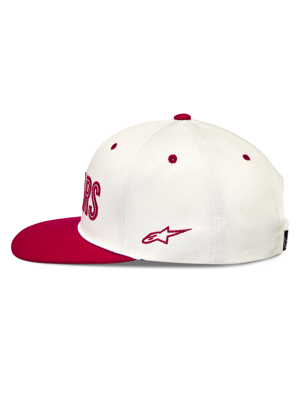 Alpinestars Stadium Snapback Hat, råhvid og rød kasket i bomuldstwill med flad skygge og broderet Astars-sidelogo.
