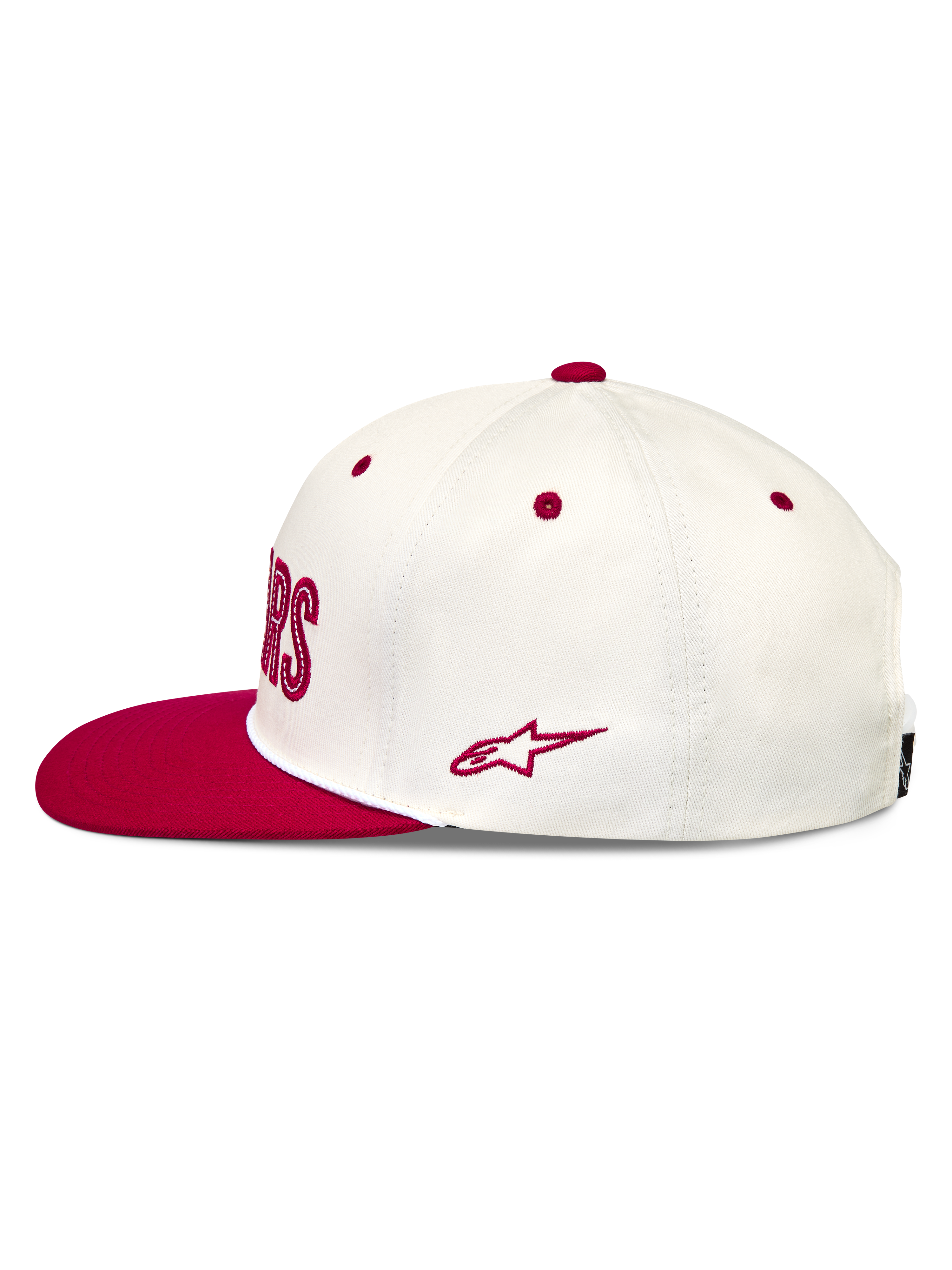 Alpinestars Stadium Snapback Hat, råhvid og rød kasket i bomuldstwill med flad skygge og broderet Astars-sidelogo.