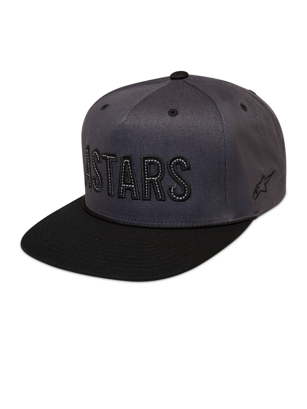 Alpinestars Stadium Snapback kasket, mørkegrå og sort med flad skygge, struktureret krone og broderet Astars-logo.