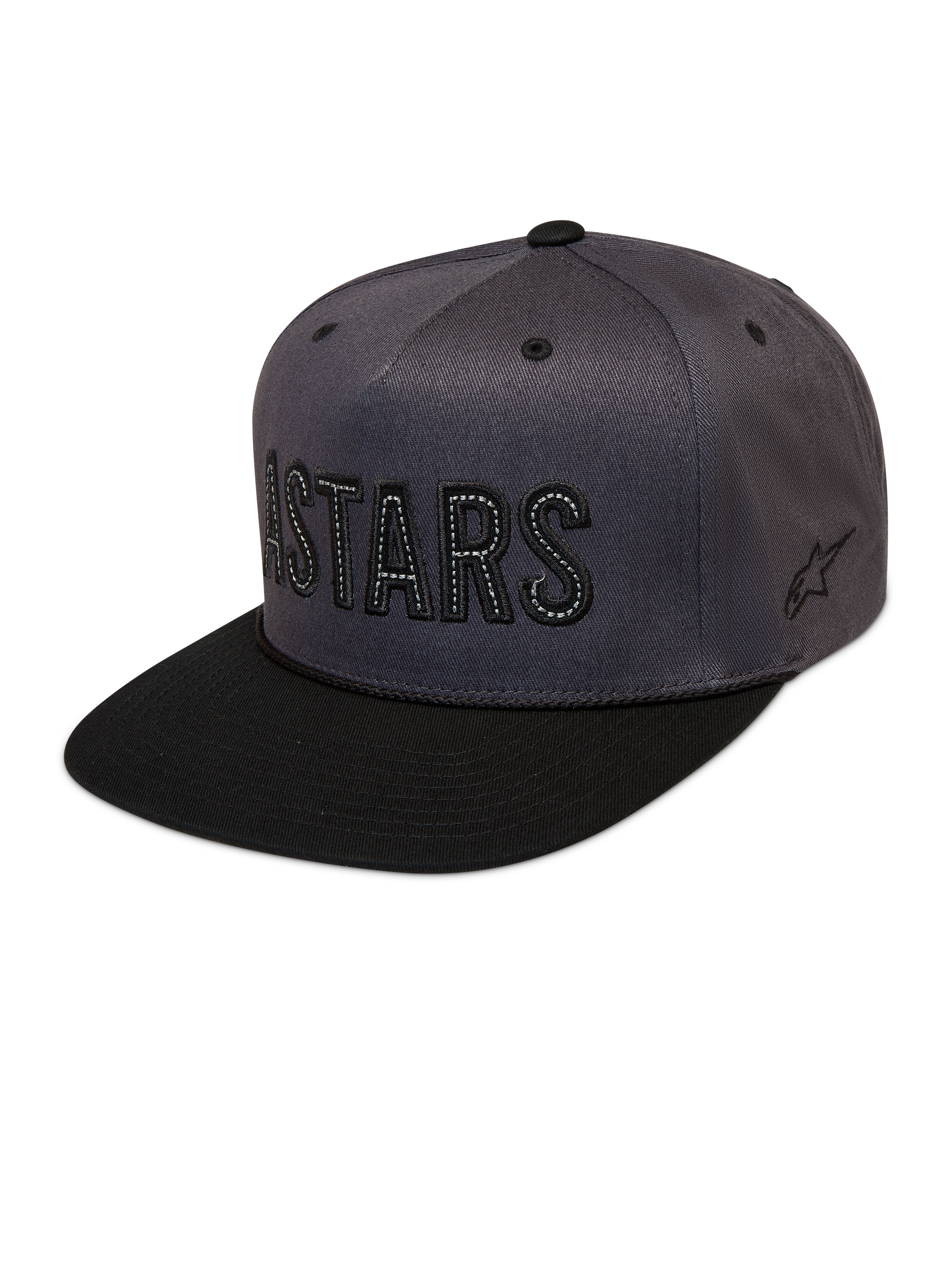 Alpinestars Stadium Snapback kasket, mørkegrå og sort med flad skygge, struktureret krone og broderet Astars-logo.