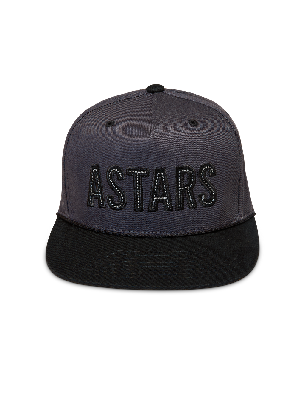 Alpinestars Stadium Snapback Hat, mørkegrå og sort sportskasket med struktureret krone, flad skygge og ASTARS-logo.