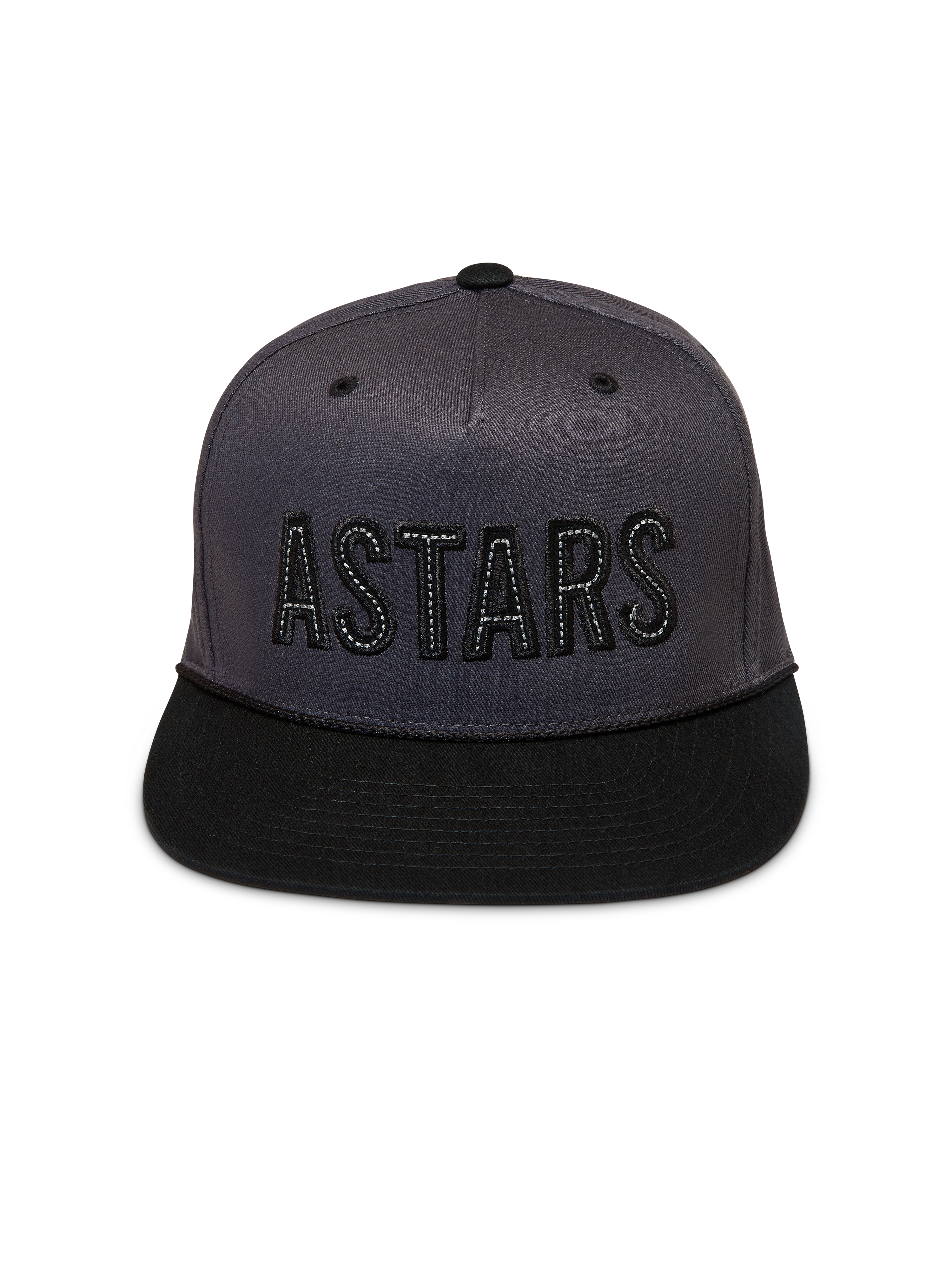 Alpinestars Stadium Snapback Hat, mørkegrå og sort sportskasket med struktureret krone, flad skygge og ASTARS-logo.