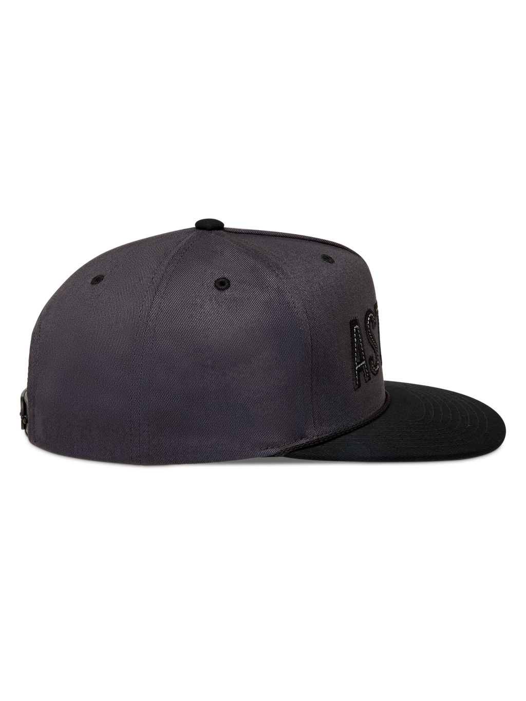 Alpinestars Stadium Snapback kasket, mørkegrå og sort med flad skygge og struktureret krone, set fra siden.