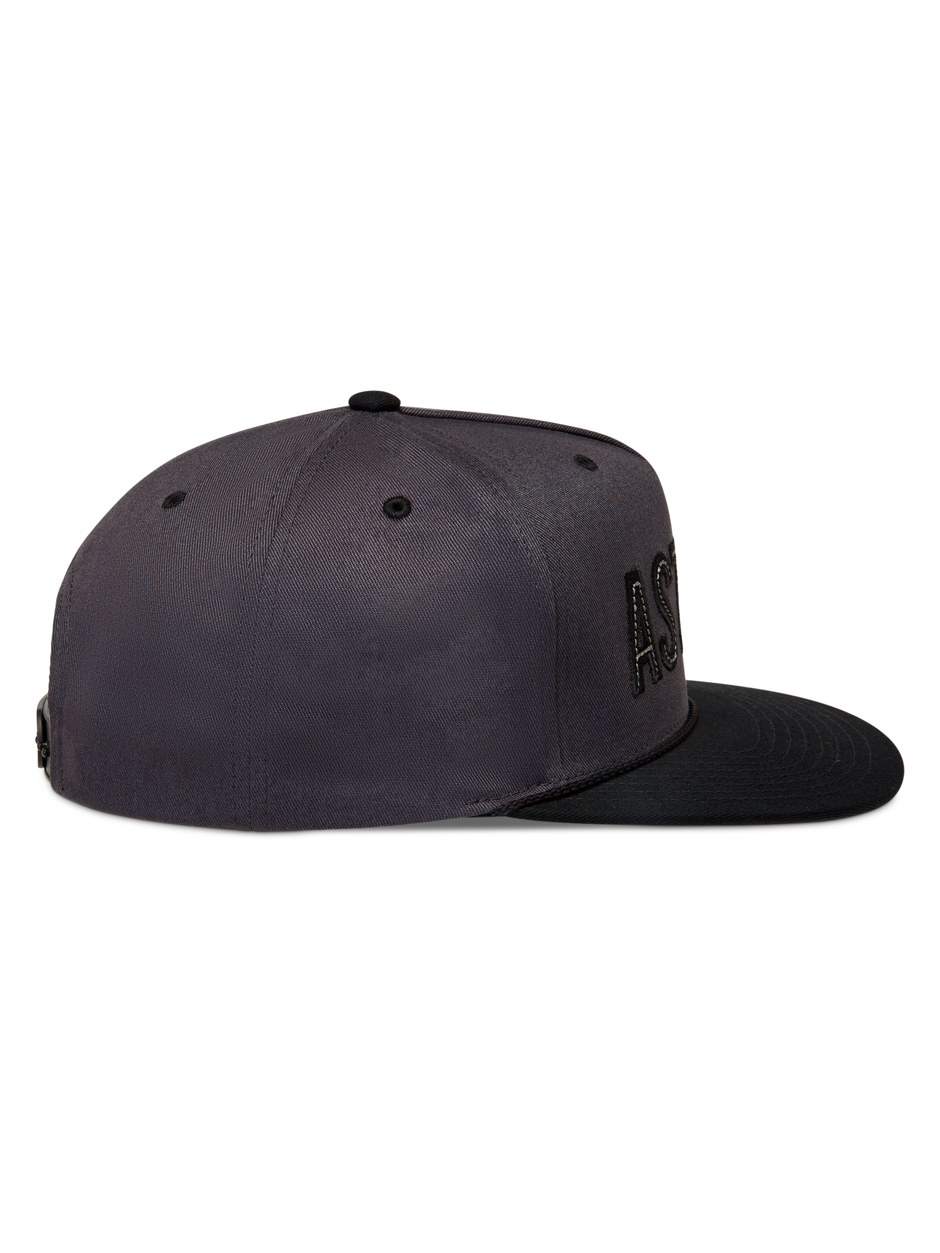 Alpinestars Stadium Snapback kasket, mørkegrå og sort med flad skygge og struktureret krone, set fra siden.