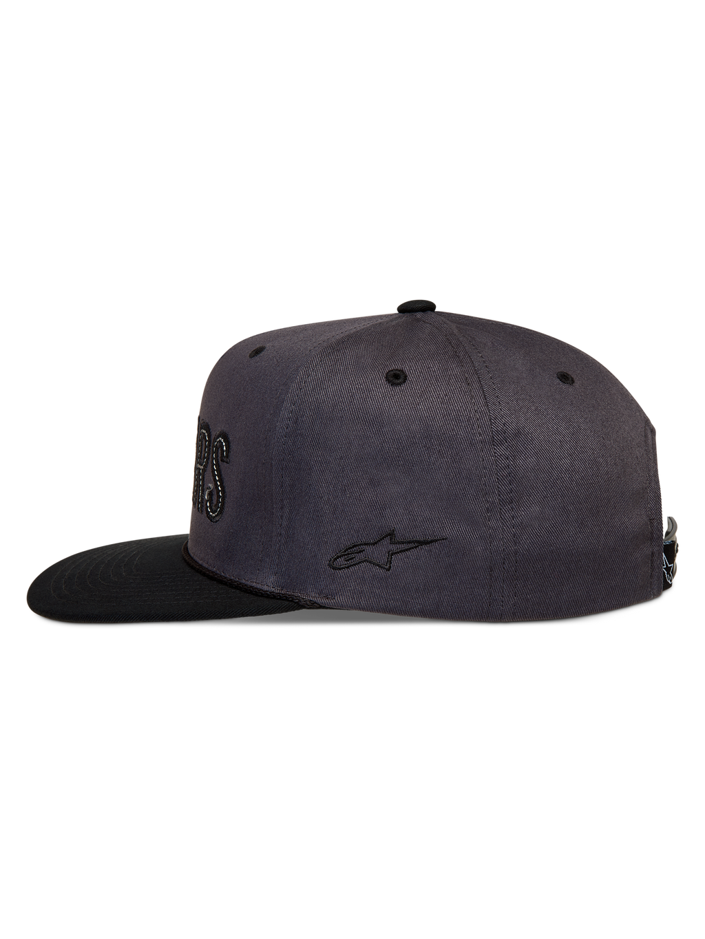 Alpinestars Stadium Snapback kasket, mørkegrå og sort sportskasket med flad skygge, struktureret krone og broderet Astars-logo på siden.